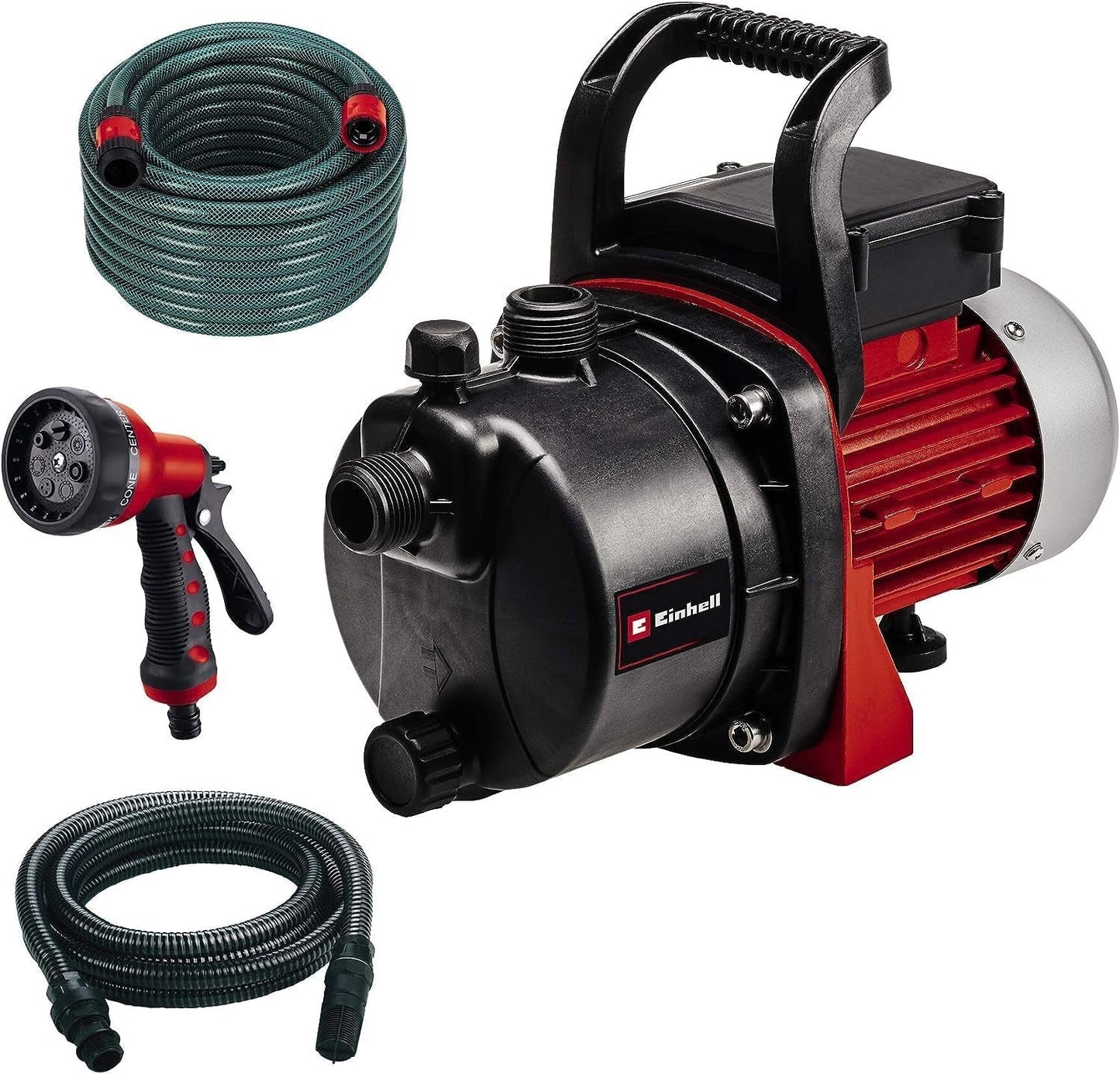 Trädgårdspumpset Einhell GC-GP 6538 Set/I (650 W, max. 3,6 bar, flöde 3800 L/h, vattenpåfyllnings-/avtappningsskruv, inkl. 4 m sugslang + 20 m trädgårdsslang + sprutpistol)