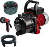 Trädgårdspumpset Einhell GC-GP 6538 Set/I (650 W, max. 3,6 bar, flöde 3800 L/h, vattenpåfyllnings-/avtappningsskruv, inkl. 4 m sugslang + 20 m trädgårdsslang + sprutpistol)