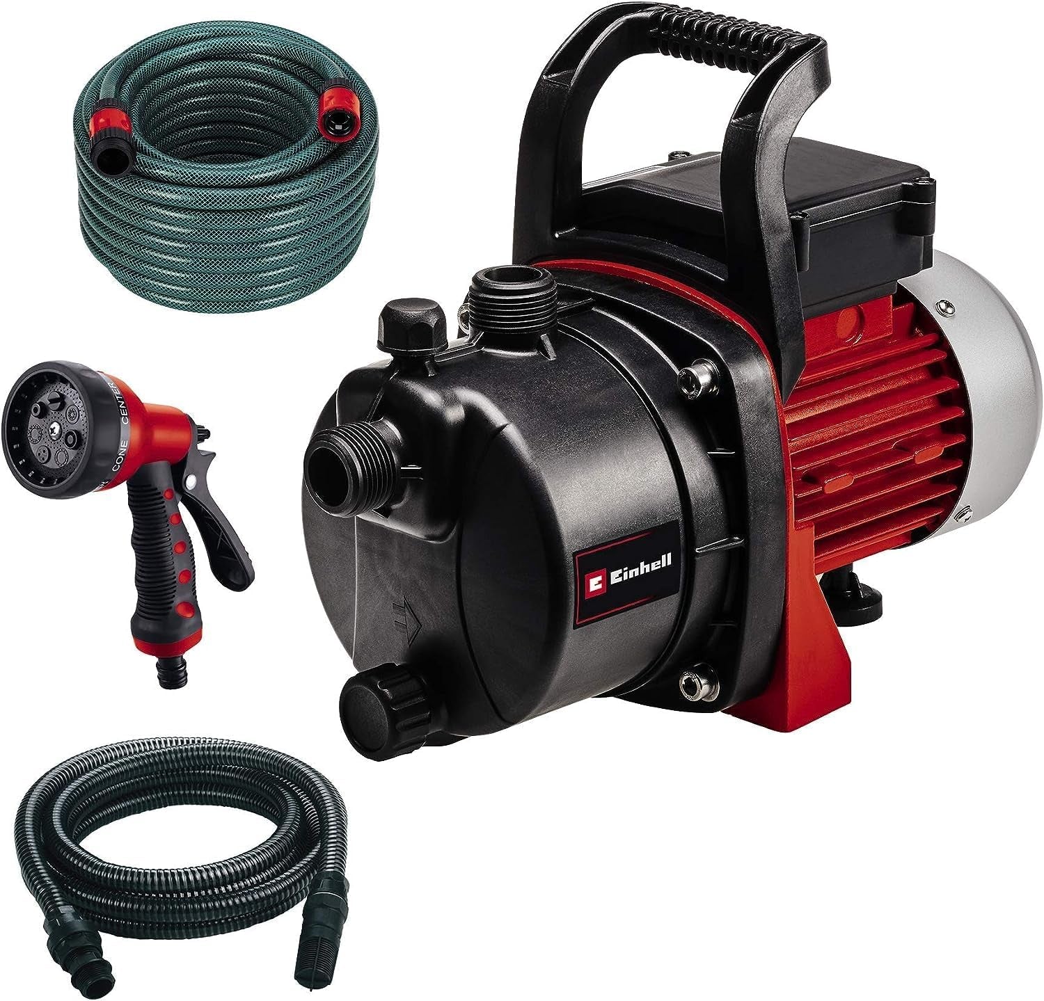 Trädgårdspumpset Einhell GC-GP 6538 Set/I (650 W, max. 3,6 bar, flöde 3800 L/h, vattenpåfyllnings-/avtappningsskruv, inkl. 4 m sugslang + 20 m trädgårdsslang + sprutpistol)