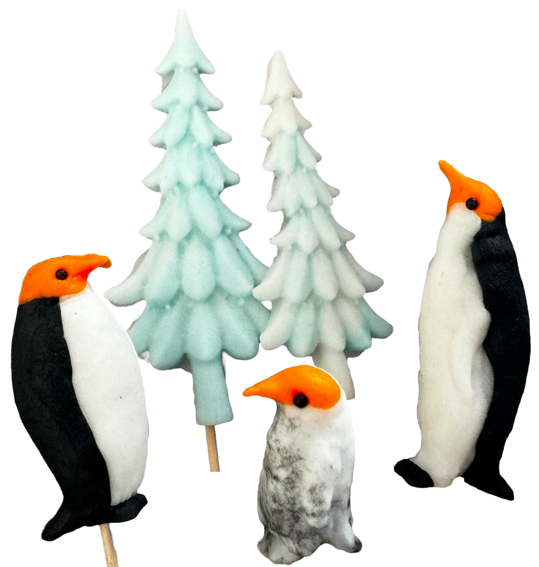 Set med 5 ätbara sockerpastadekorationer, jul, pingviner och julgranar Sockerpastadekorationer Naty Shop