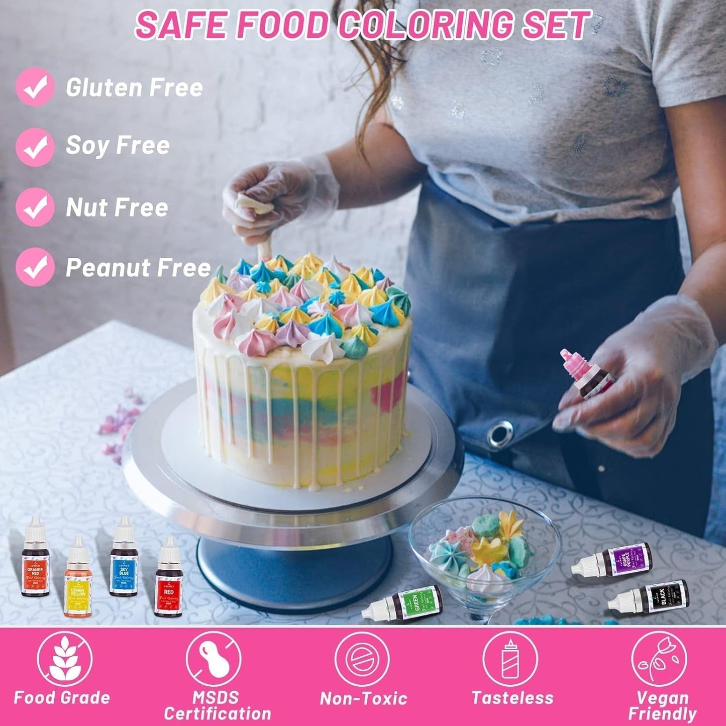 Matfärgning 8x10 ml - Högkoncentrerad flytande matfärgningssats för bakning, kakor, kakor, frosting, macarons, fondant - Livlig matfärg för gör-det-själv-tvålar, slime, hantverk