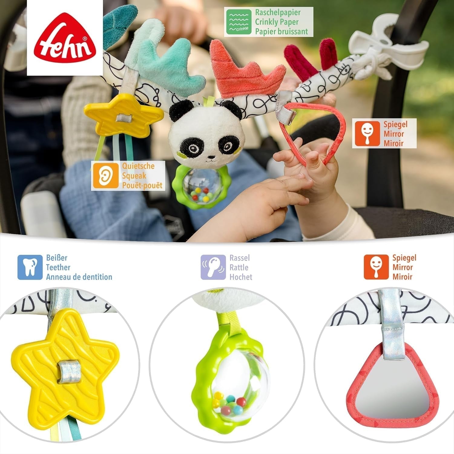 Fehn babymobilkedja Panda Baby Mobile - babymobilkedja med söta figurer - flexibel hängande babyleksak - barnvagnsleksak för bebisar och småbarn från 0+ månader Babyleksaker Naty Shop