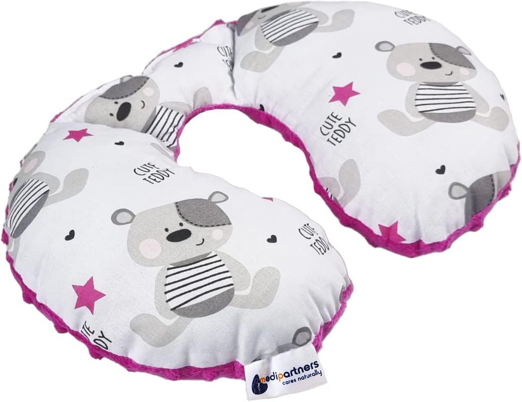 Medi Partners Baby Nackkudde Nackstöd 100% Bomull / Minky Baby Nackkudde för bilvagn Resor Sömn Nackkudde Snooze Roll (REH med Grå Minky) Cervikala ortopediska kuddar Naty Shop Mörkrosa Minky Teddy Bear