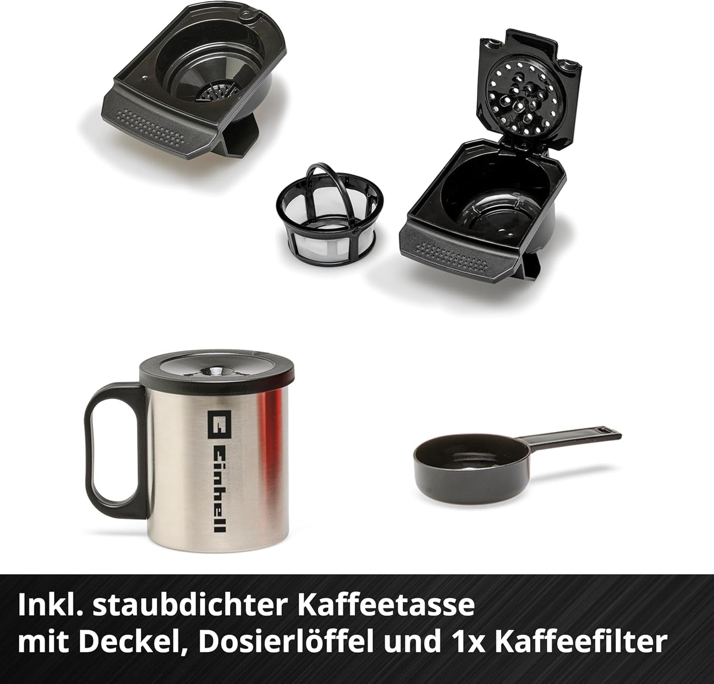 Sladdlös espressomaskin Einhell TE-CF 18 Li-Solo Power X-Change (18 V, 240 ml vattentank, för filterkaffe och kaffekapslar, bärhandtag, inkl. kaffekopp med lock, utan batteri)
