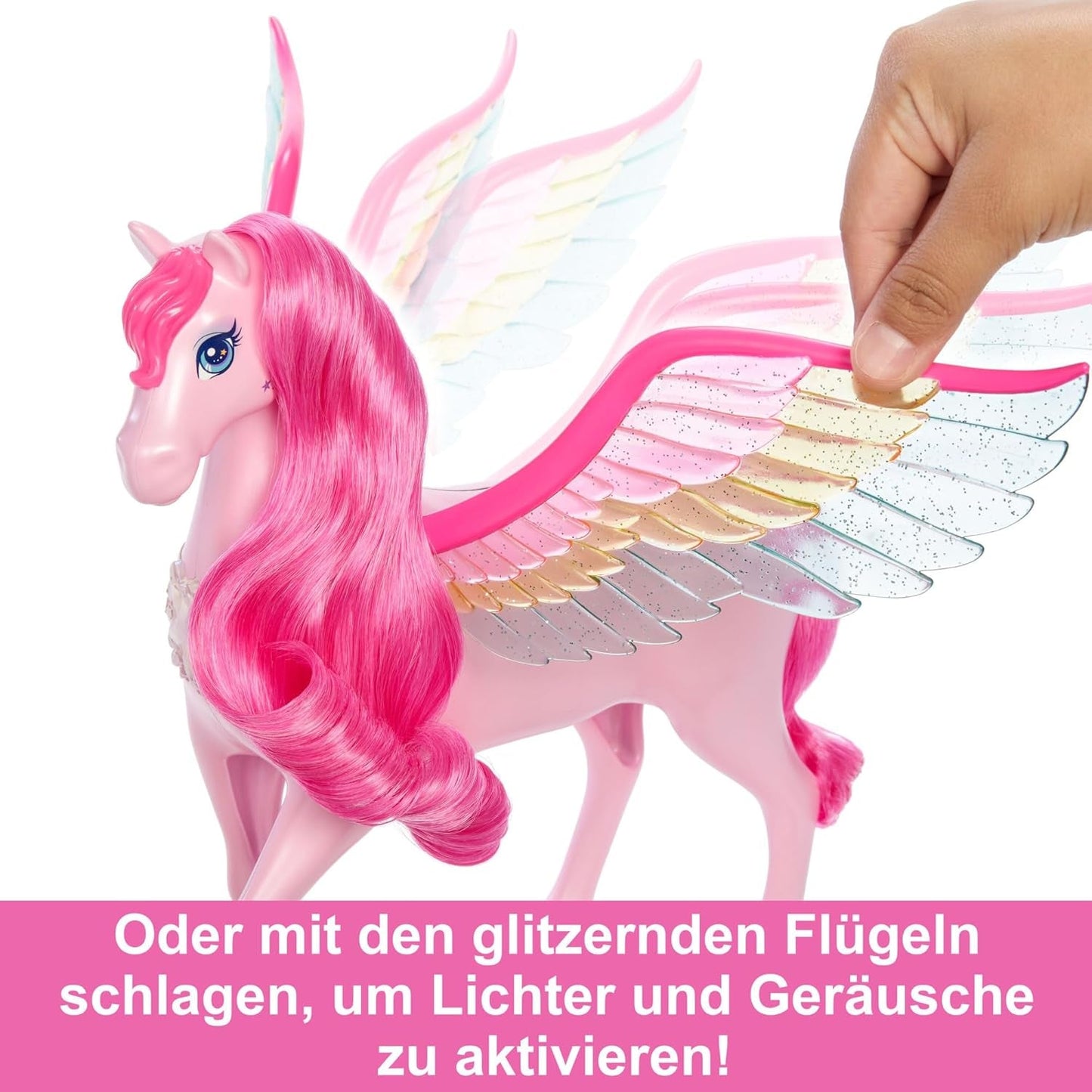 Barbie Pegasus Magic Hide and Seek - Interaktiv leksak med ljus och ljud, 10 tillbehör, Rainbow Wings, för åldrarna 3 och uppåt, HLC41