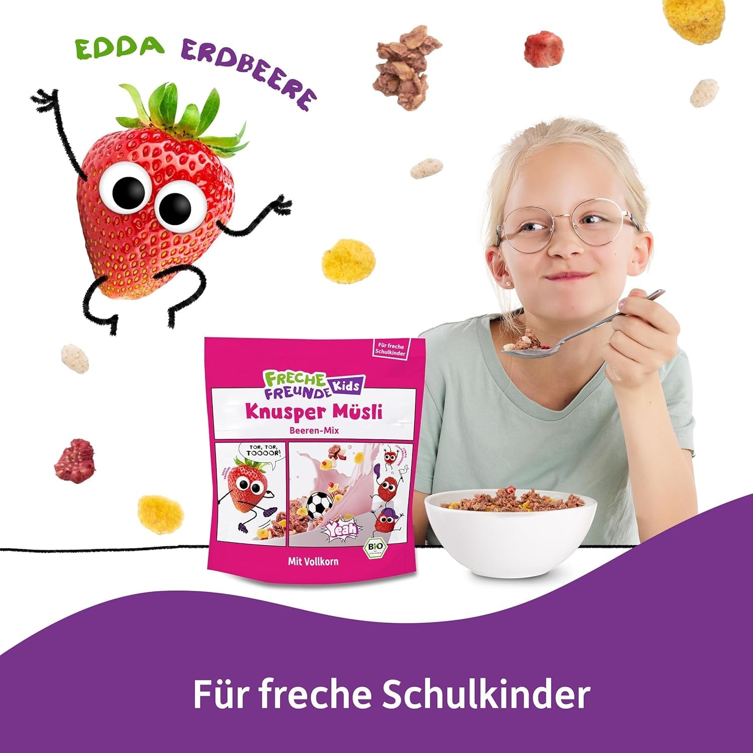 FRECHE FREUNDE Ekologisk frukostmüsli Eddans bärknäckiga müslimix för skolbarn med frystorkade jordgubbar Vegansk 6-pack (6 x 280 g)