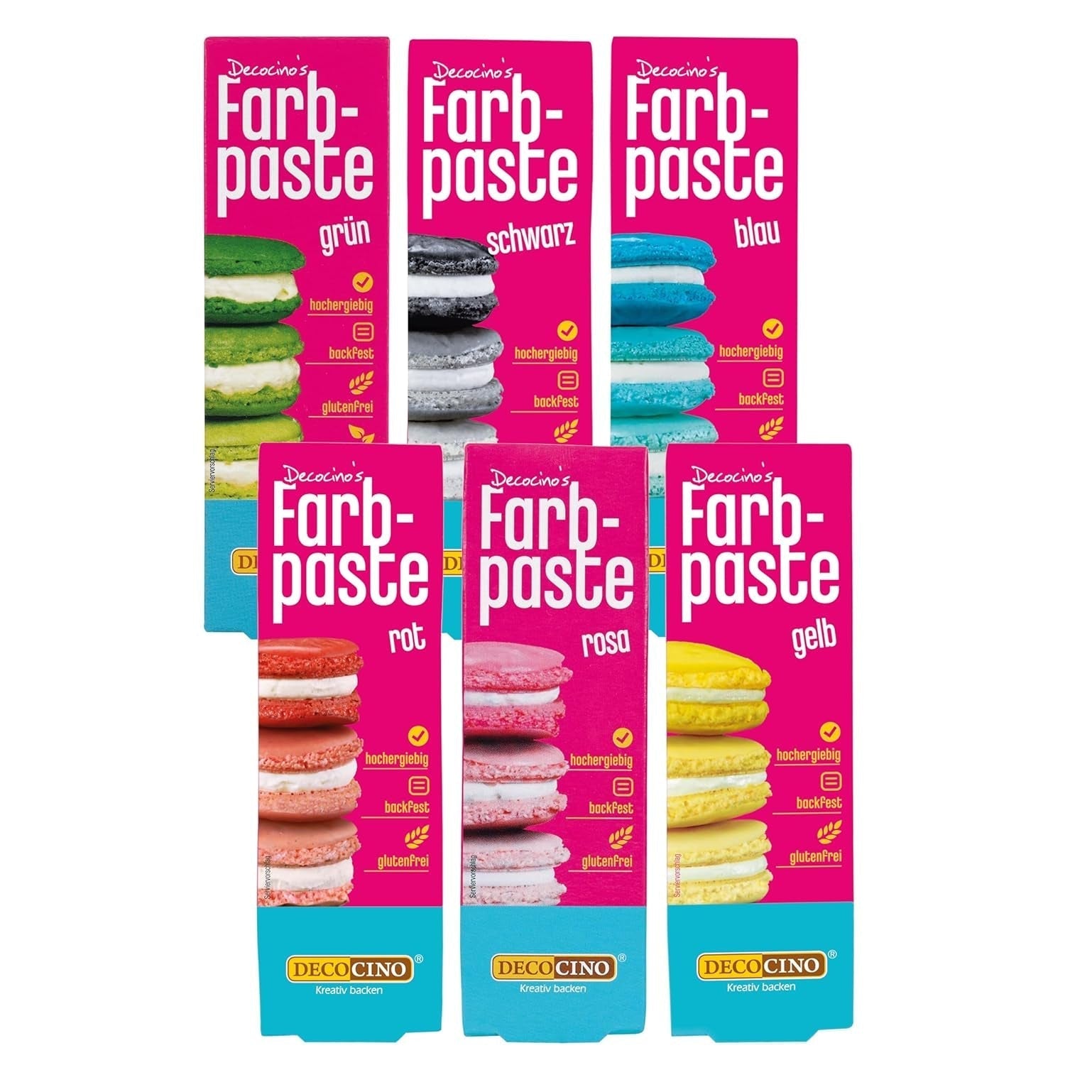 Set med 6 Decocino färgpastor - 6 x 20 g - Livsmedelsfärg i rött, rosa, grönt, gult, blått och svart, perfekt för att färga tårtor, fondant och krämer - Azofri och glutenfri