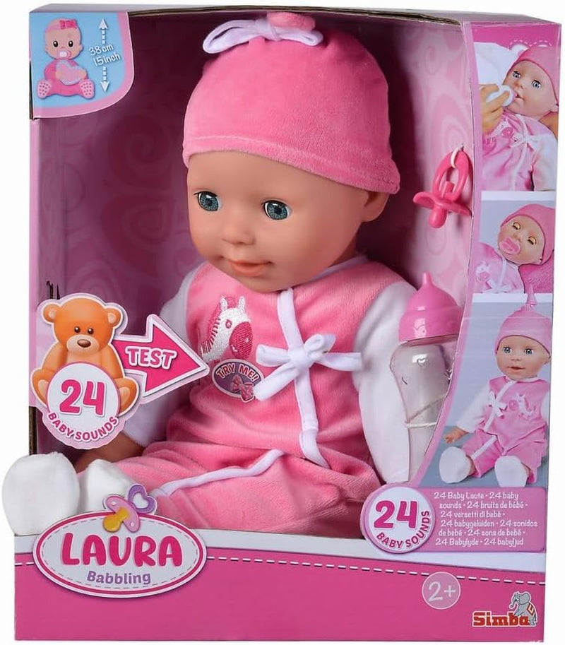 Simba 105140489 - Laura Baby Talk Doll, 38 cm mjuk kroppsdocka med sömniga ögon i söt jumpsuit, 24 babyljud, lekdocka, babydocka, 2+