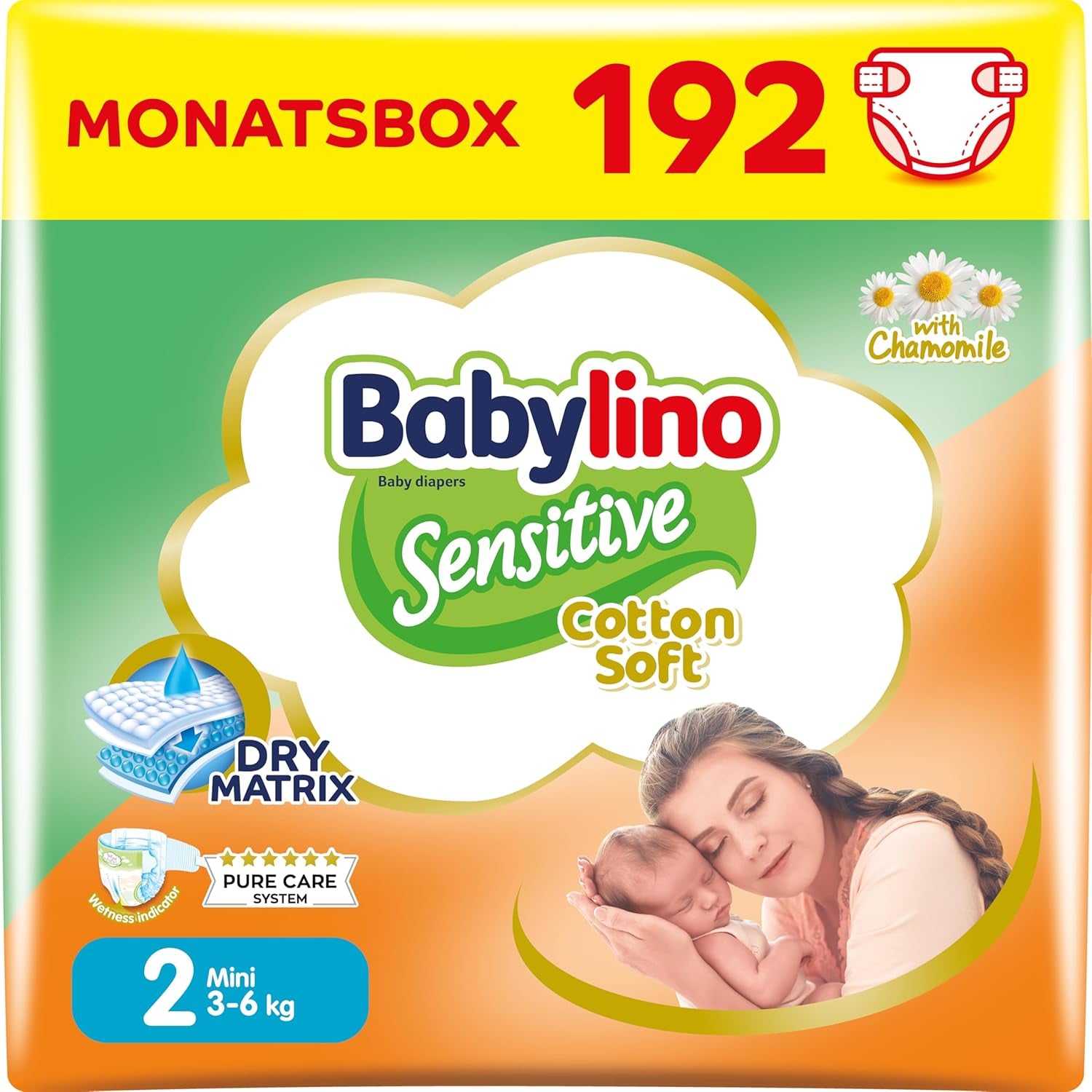 Blöjor för känsliga bebisar, storlek 2, mini (3-6 kg), 192 blöjor