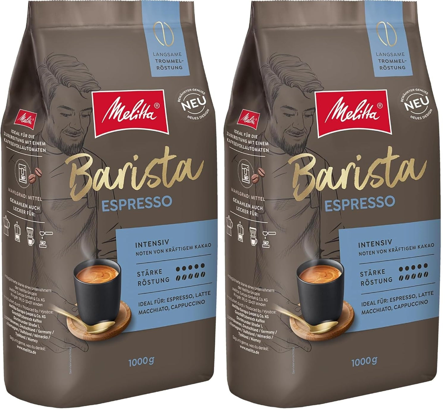 Melitta Barista Classic Espresso, hela kaffebönor 1 kg, malning, kaffebönor för automatiska espressomaskiner, starkt rostade, intensitet 5 (förpackning med 2)