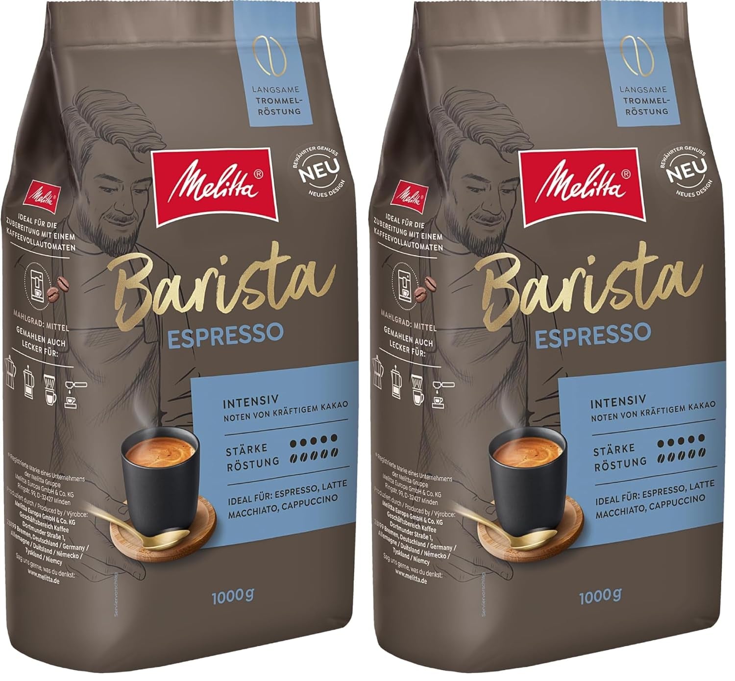 Melitta Barista Classic Espresso, hela kaffebönor 1 kg, malning, kaffebönor för automatiska espressomaskiner, starkt rostade, intensitet 5 (förpackning med 2)