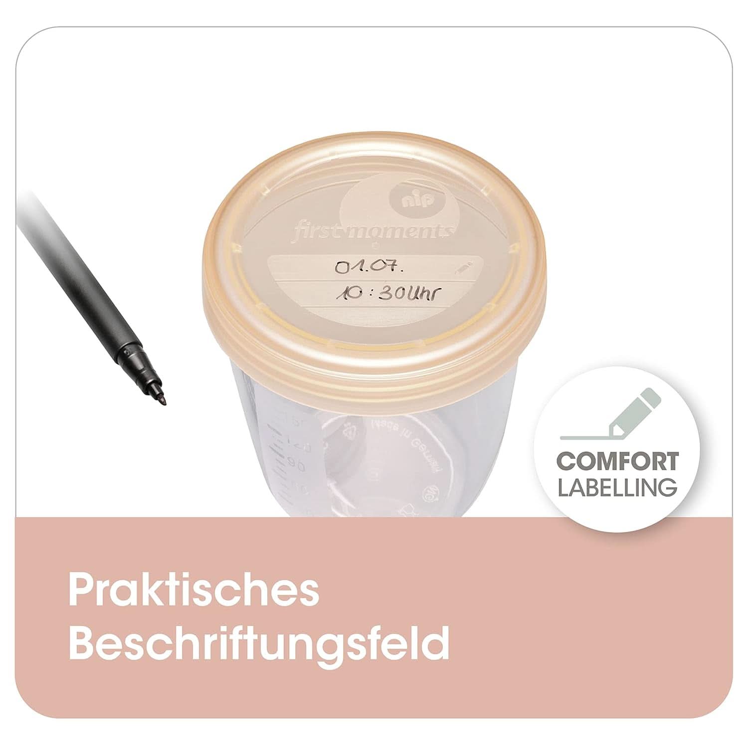 Bröstmjölksbehållare NIP First Moments 150 ml, 4 stycken: stapelbar och läcksäker Tillbehör Mat och amning Bebe Naty Shop