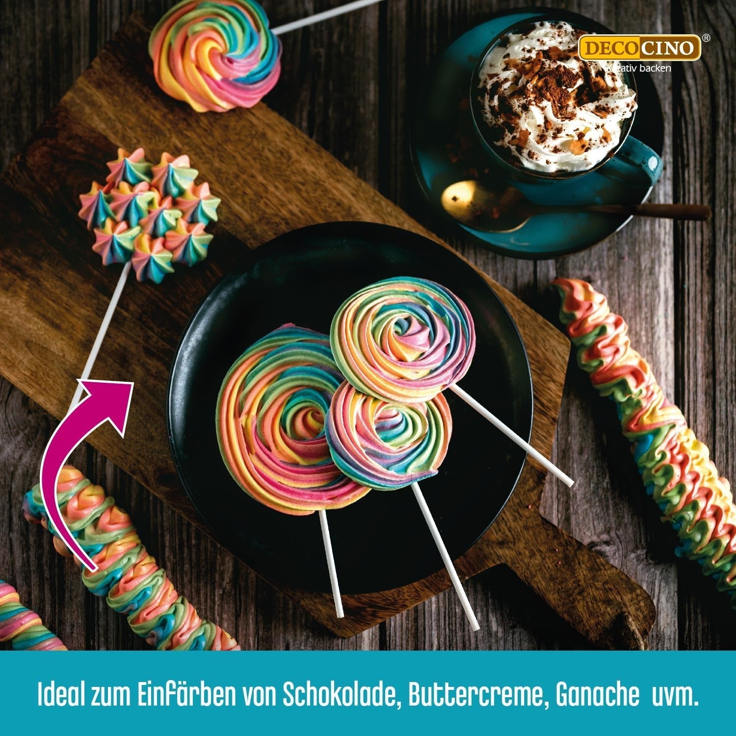 Decocino Fettlöslig färgpasta Set om 6 - 6 x 15 g - Livsmedelsfärg i rött, vitt, grönt, gult, blått och svart, perfekt för att färga tårtor, fondant och krämer - Azo- och glutenfri