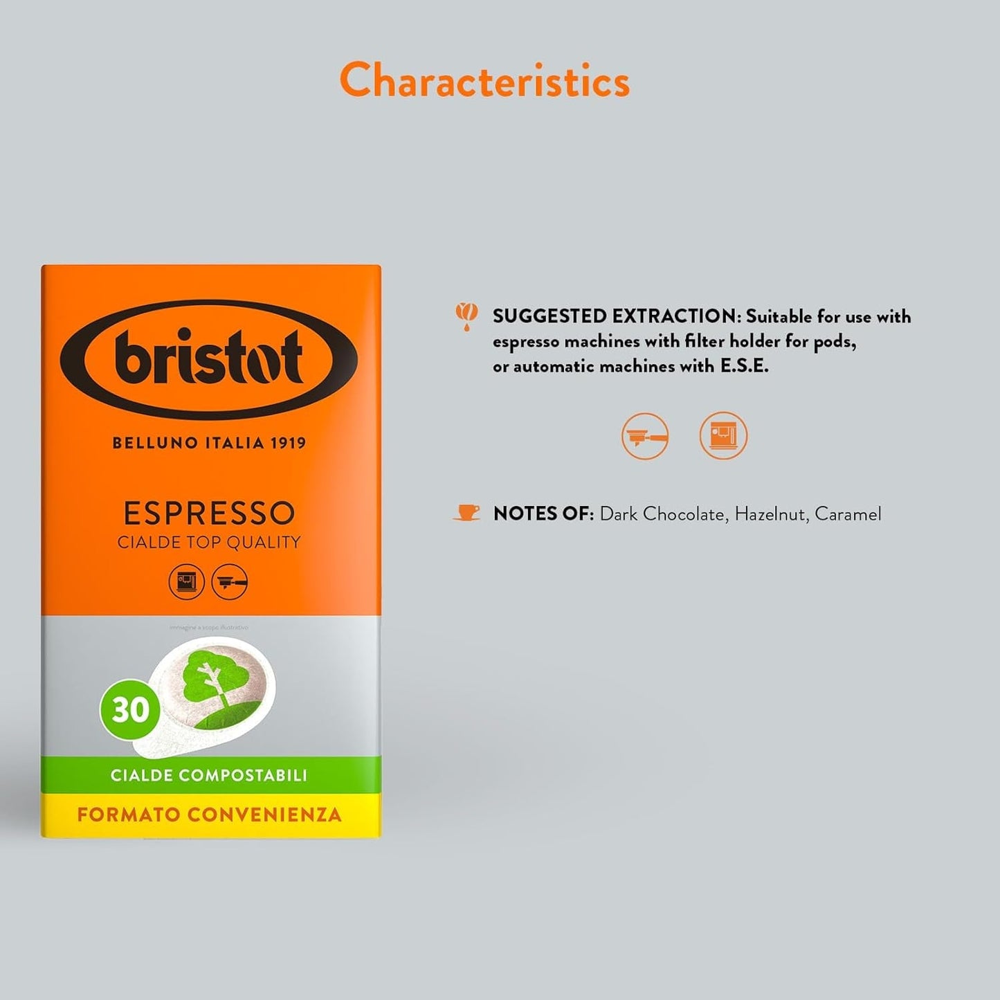 Bristot, 120 Espresso-Kaffeekapseln – eine Mischungen aus Arabica-Kaffee aus Brasilien und Zentralamerika, mit Noten von Zartbitterschokolade, Haselnuss och Caramell – 4 Packungen mit je 30 Kapseln
