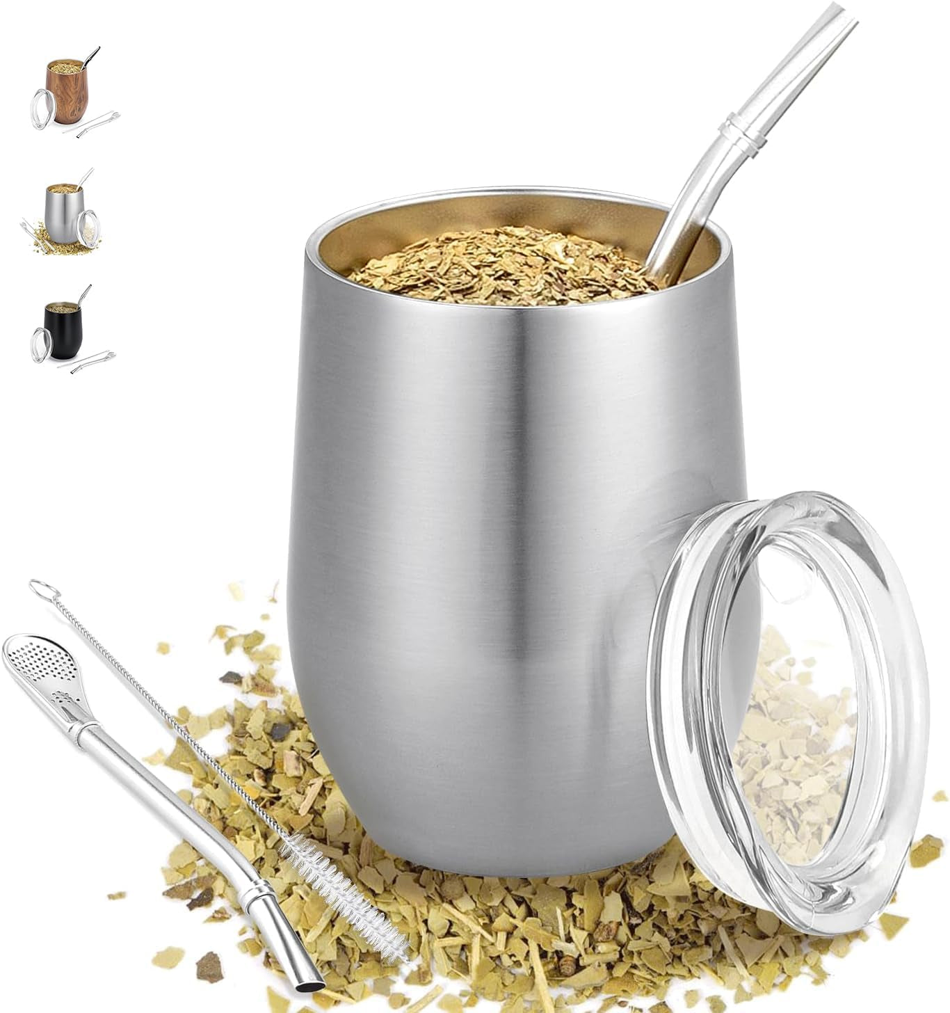Modern Mate-mugg 340 ml, isolerad dubbelvägg i rostfritt stål Yerba Mate-muggset, Mate-temugg med BPA-fritt lock, Bombillas och en rengöringsborste (silver)
