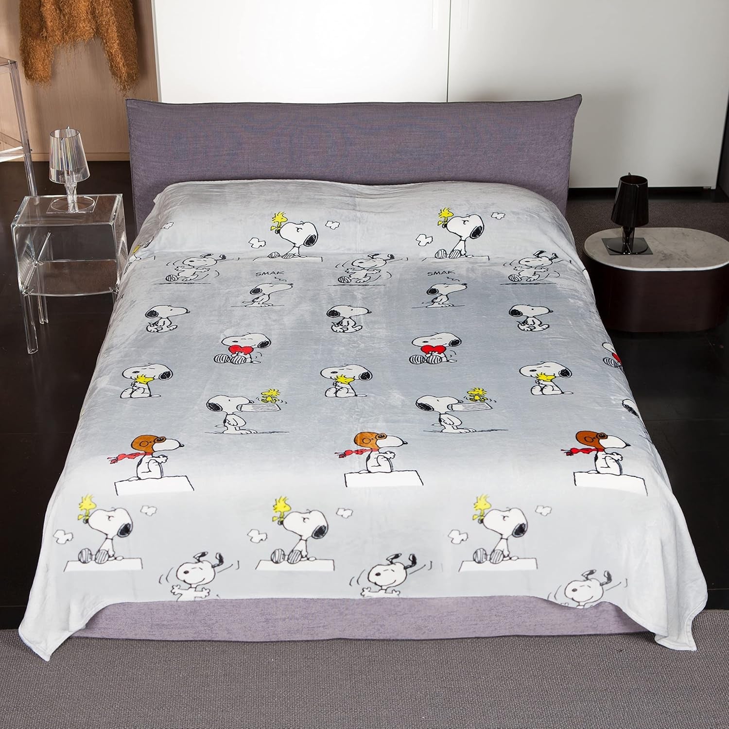 Kanguru Säng, överkast, fleecefilt för dubbelsäng, mikrofiberfilt, Snoopy Peanuts GREY, 230X230Cm, sommarfilt, överkast för sovrum Sängar och filtar Besuche den Kanguru-Store 230 X 230 dubbelsäng Snoopy grå