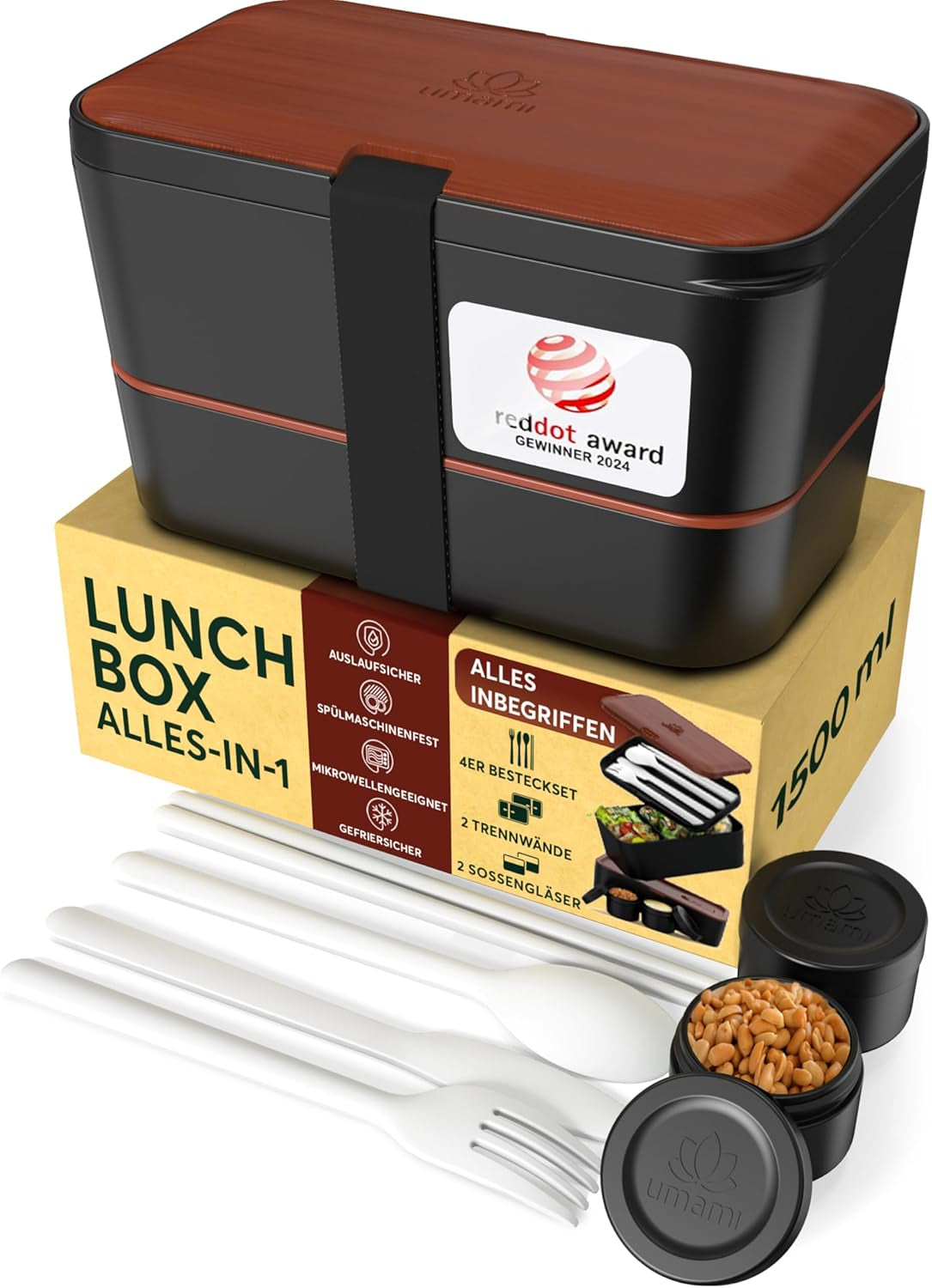 Umami Lunchbox för vuxna, Stapelbar Bento Box med 4 bestick och fack, Vuxen Lunch Box, To-go salladsbehållare, Picknick / Office Lunch Box, Kolgrå, 1500ml Matförvaringslådor Naty Shop Sapele Svart L - 1500 Ml Staplingsbar inuti varandra