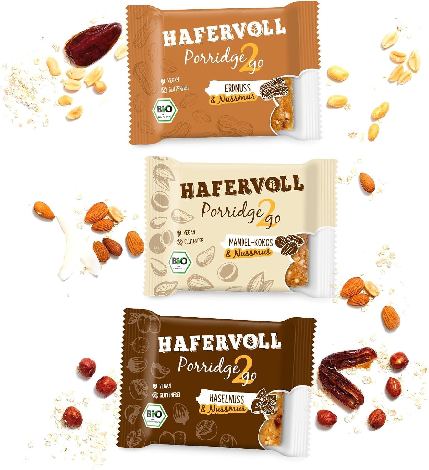 Hafervoll Porridge2go jordnötssmör och nötter, 13 barer x 55 g - vegansk, ekologisk, glutenfri, utan tillsatt socker mellanmål, med havre, dadlar och quinoagodis