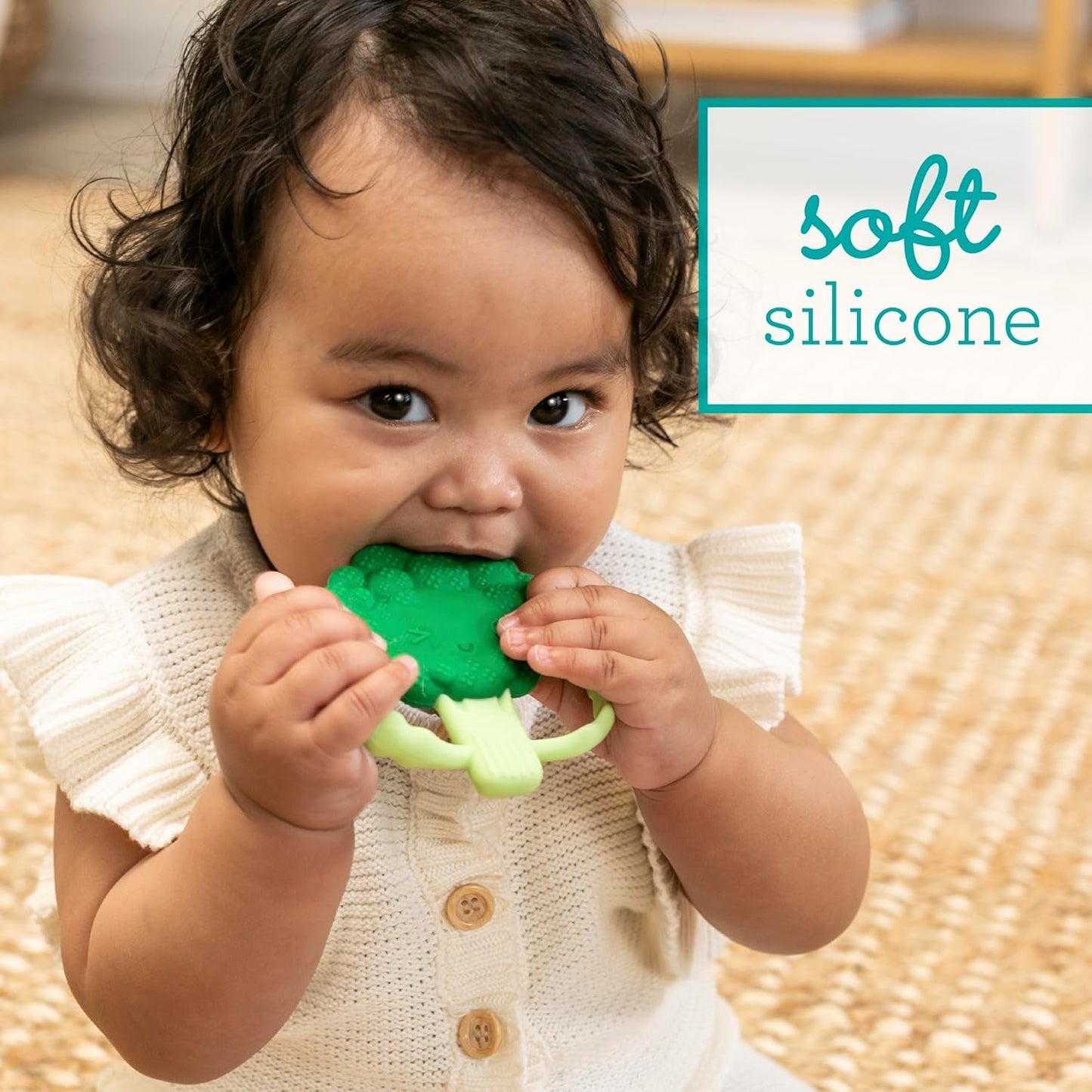 Infantino Lil' Nibbles, texturerad silikonbitring, BPA-fri babybitringleksak, mjuk, lätt att hålla, sensorisk stimulering för spädbarn, broccoli