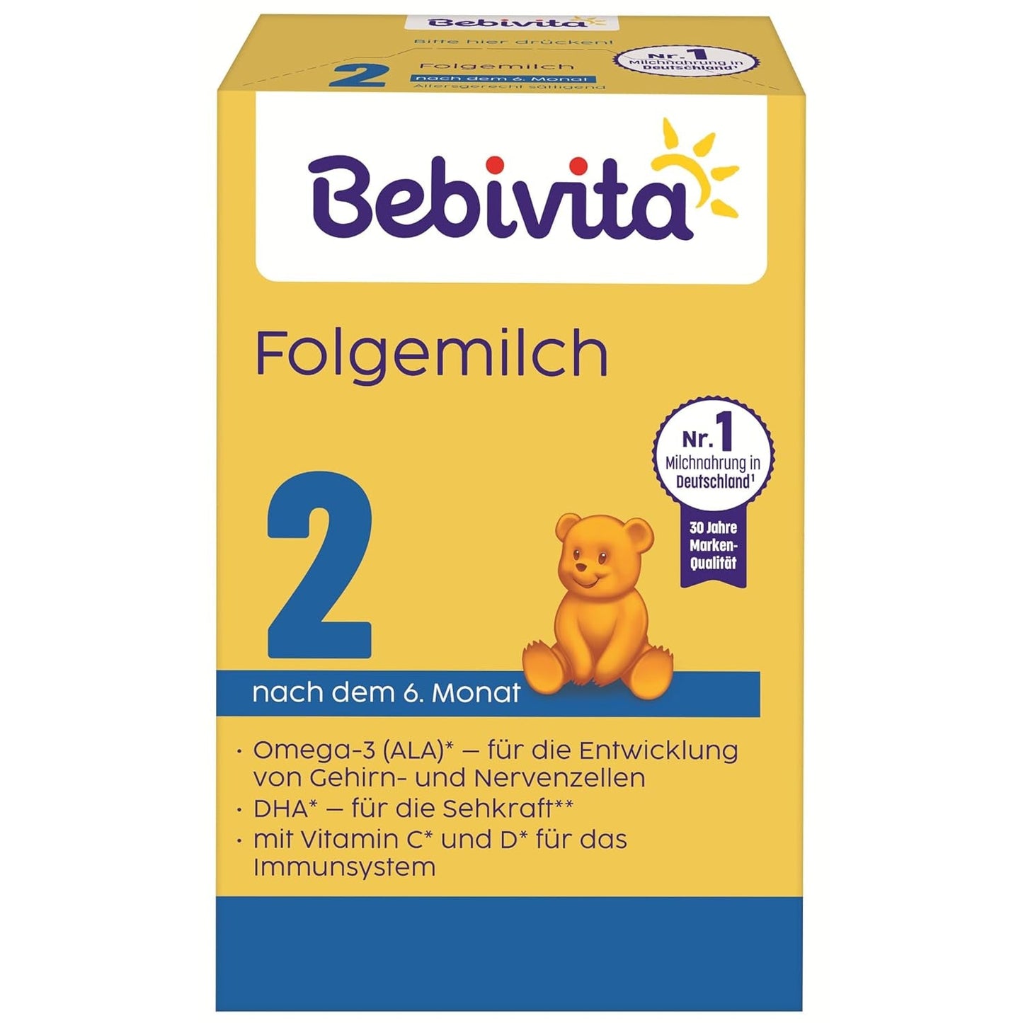 2 Folgemilch (4 x 500g), efter dem 6. Monat, med vitamin C och D, Omega-3 (DHA), altersgerecht sättigend