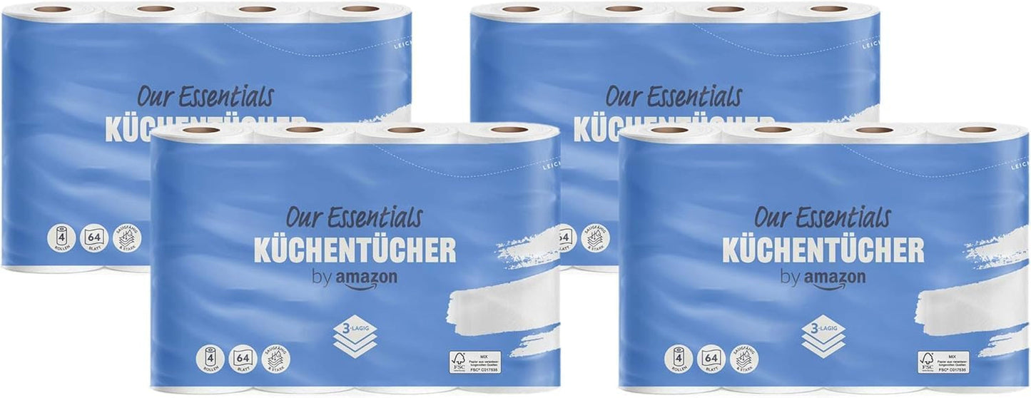Av Amazon köksrulle, 3 lager, 16 rullar (4 rullar, paket med 4), 64 ark per rulle, Fsc-certifierad