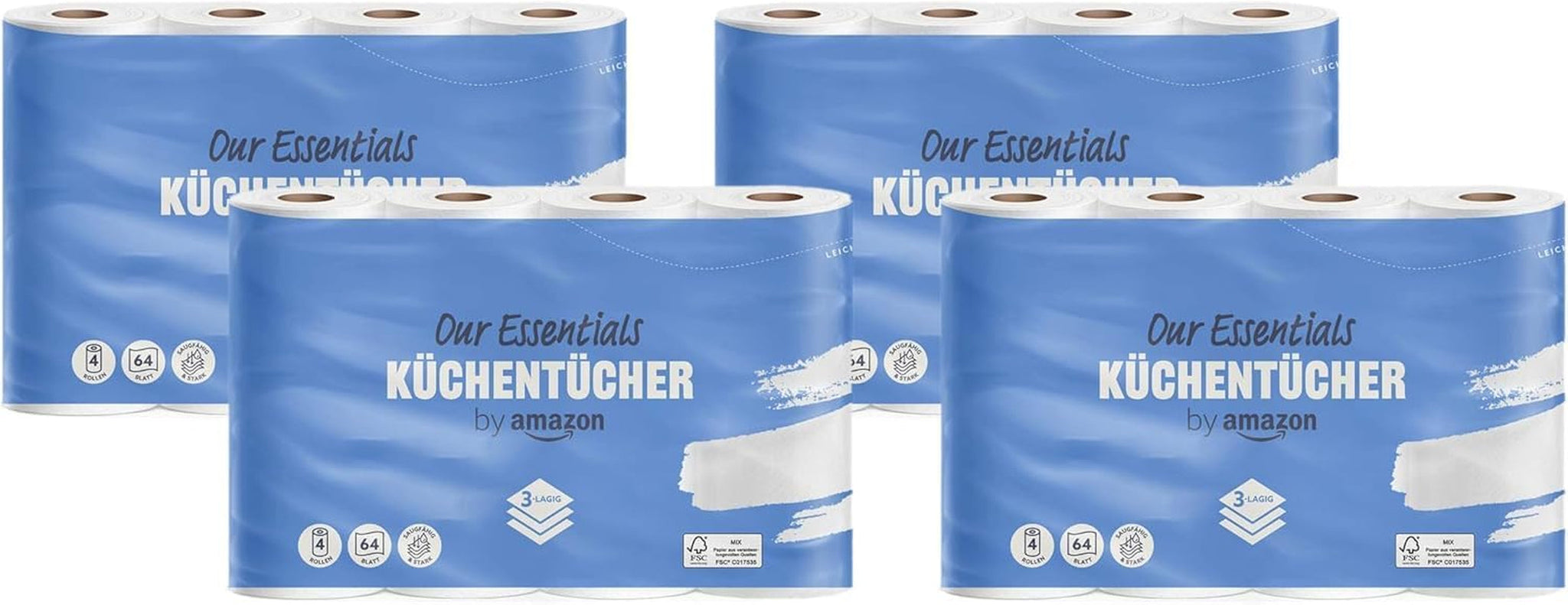 Av Amazon köksrulle, 3 lager, 16 rullar (4 rullar, paket med 4), 64 ark per rulle, Fsc-certifierad