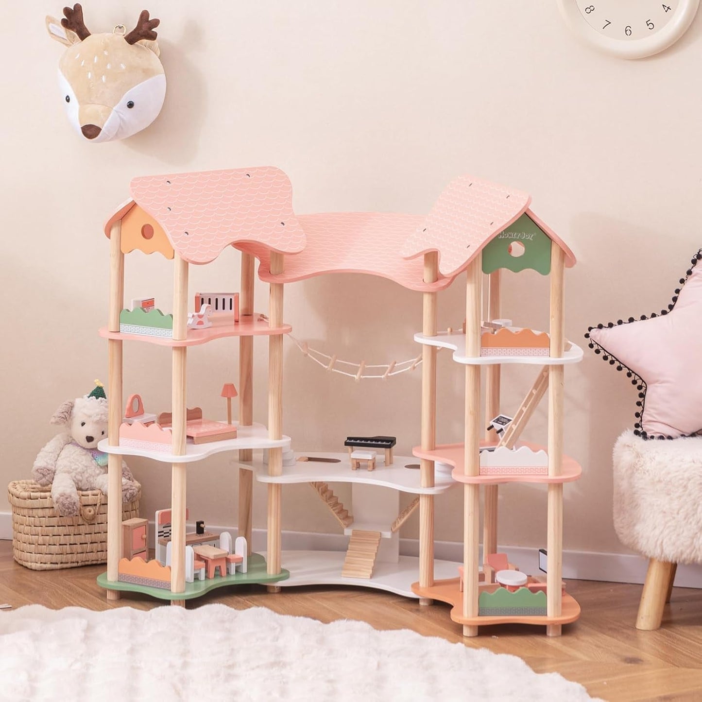 FANTASK dockskåp i trä, 85 cm höjd 7-rumsdockhus med 32 möbler och tillbehör, dockskåp med repstege, dockhuspresent för 3-åriga flickor (modell 3) Naty Shop dockskåp