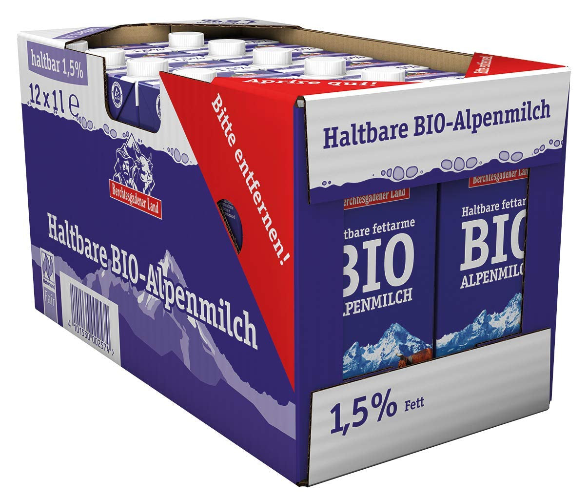 Berchtesgadener Land Haltbare Bergbauern-Milch, 1,5 % fett, 12er Pack (12 x 1 l)