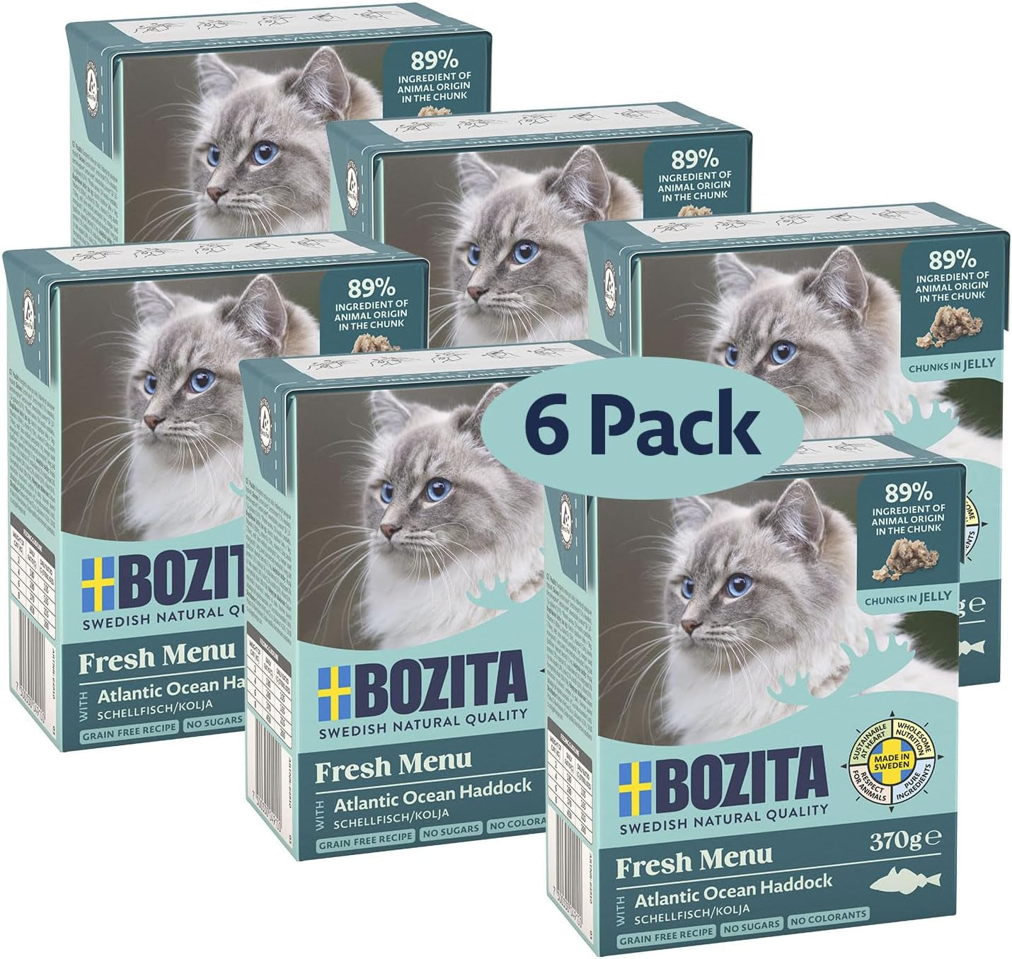 Bozita Tetra våtfoder med kolja i gelé - 6 x 370 g spannmålsfri, utan tillsatt socker och icke-GMO kattmat - balanserad, läcker, med 7,5 % protein och 5 % fett