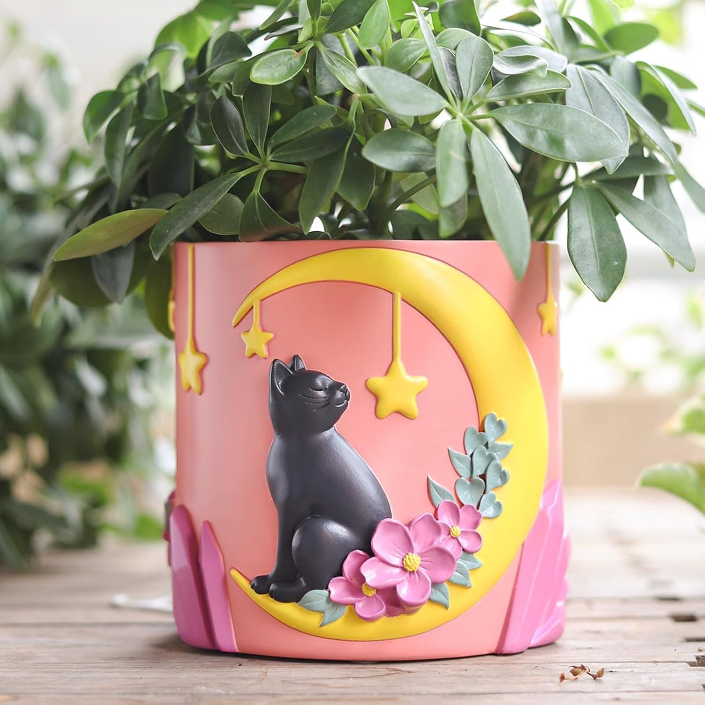 GUGUGO söta månkattblomkrukor, unik blomkruka med dränering, regnbågsfärger, små krukväxtkrukor, roliga saftiga trädgårdskrukor, present, heminredning (C)