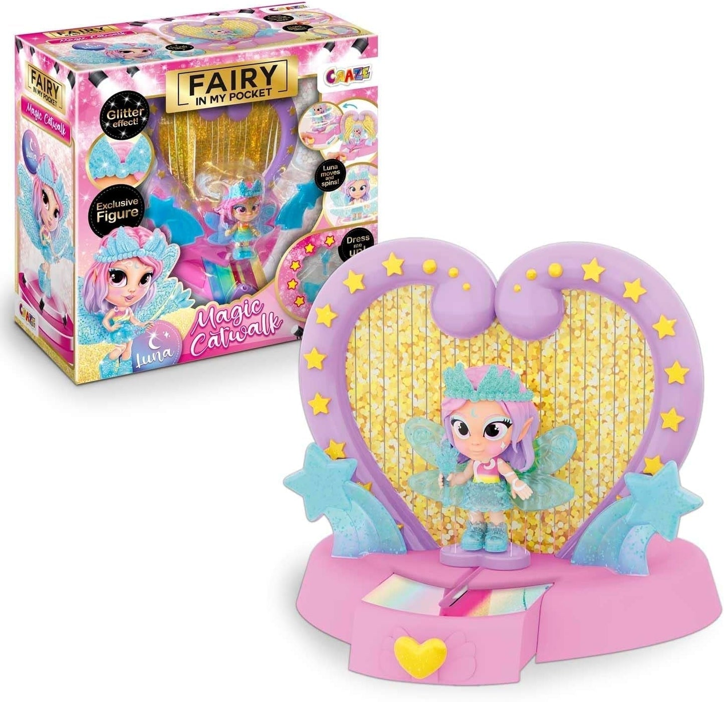 CRAZE Fairy in My Pocket | Fairy docka med vingar, samlarobjekt fairy leksak med specialeffekter som glitter, glöd i mörkret och färgförändring Dolls Naty Shop Fairy Magic Catwalk lekset