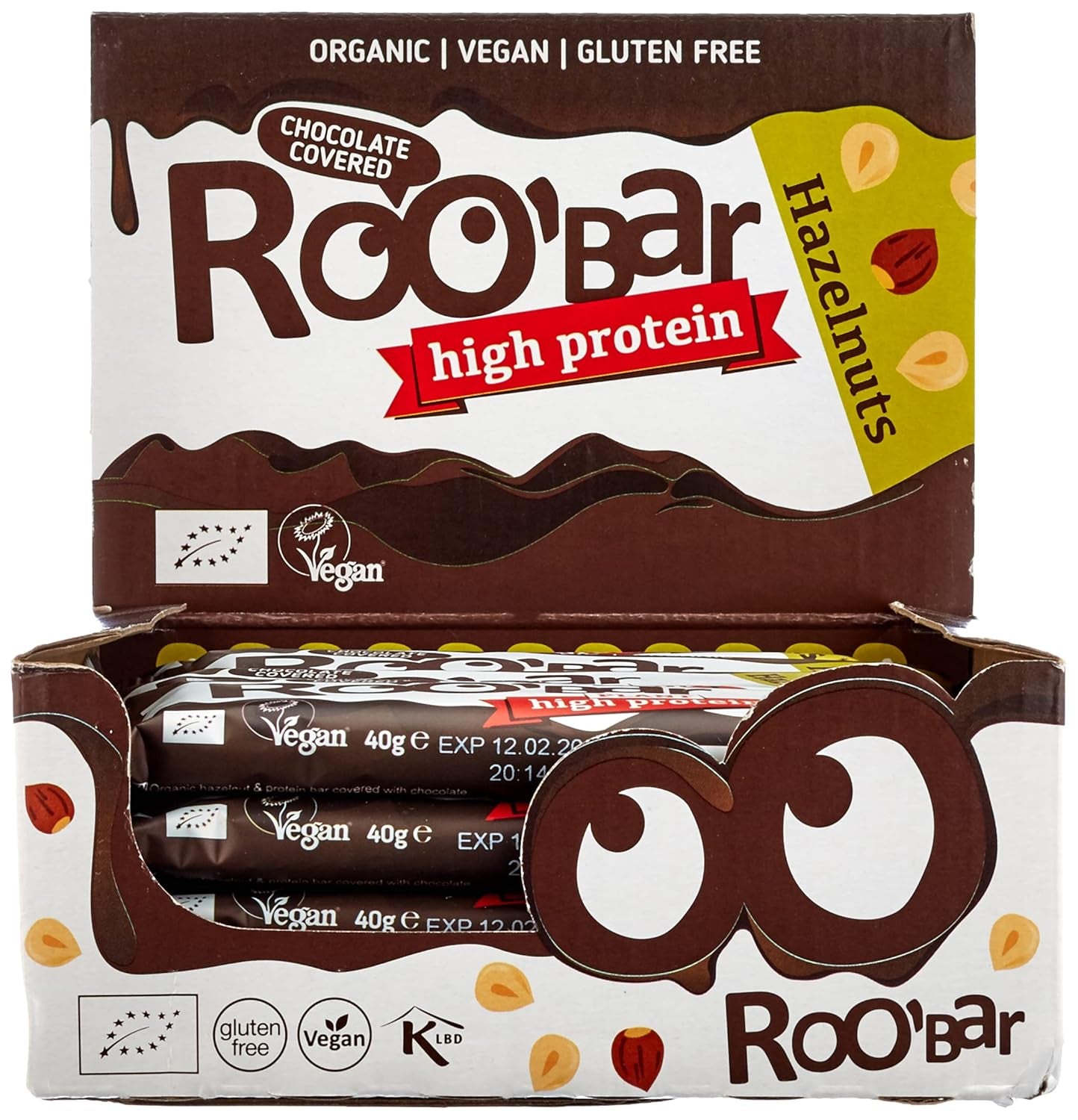 Högproteinchokladglaserade hasselnötsbars - 100 % ekologiska, veganska, fruktbarer, mejerifria, glutenfria, raffinerade sockerfria - 16 barer x 40 g