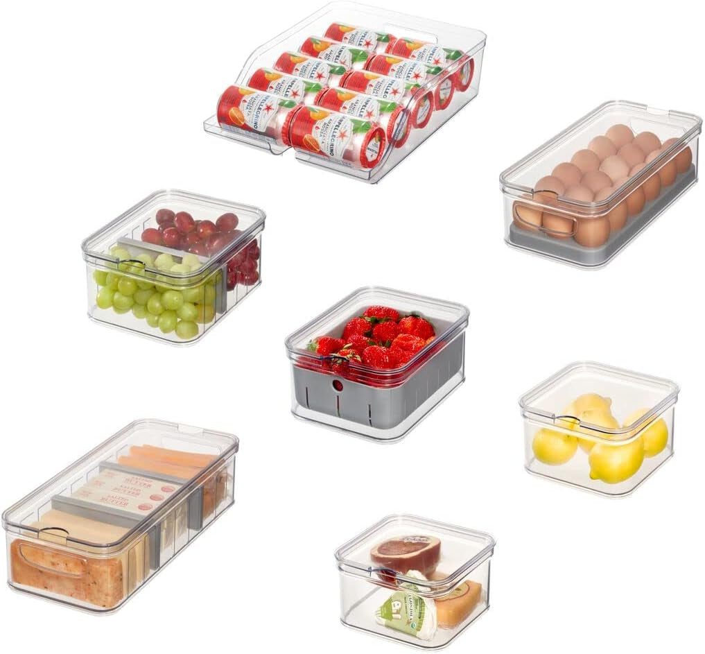 iDesign Förvaringslådor, Kylskåp med lock i en uppsättning om 5, Lådor för återvunnen plast för att organisera förbrukningsvaror, Klara och vita Naty Shop Matförvaringslådor Transparent, Grå Set med 7