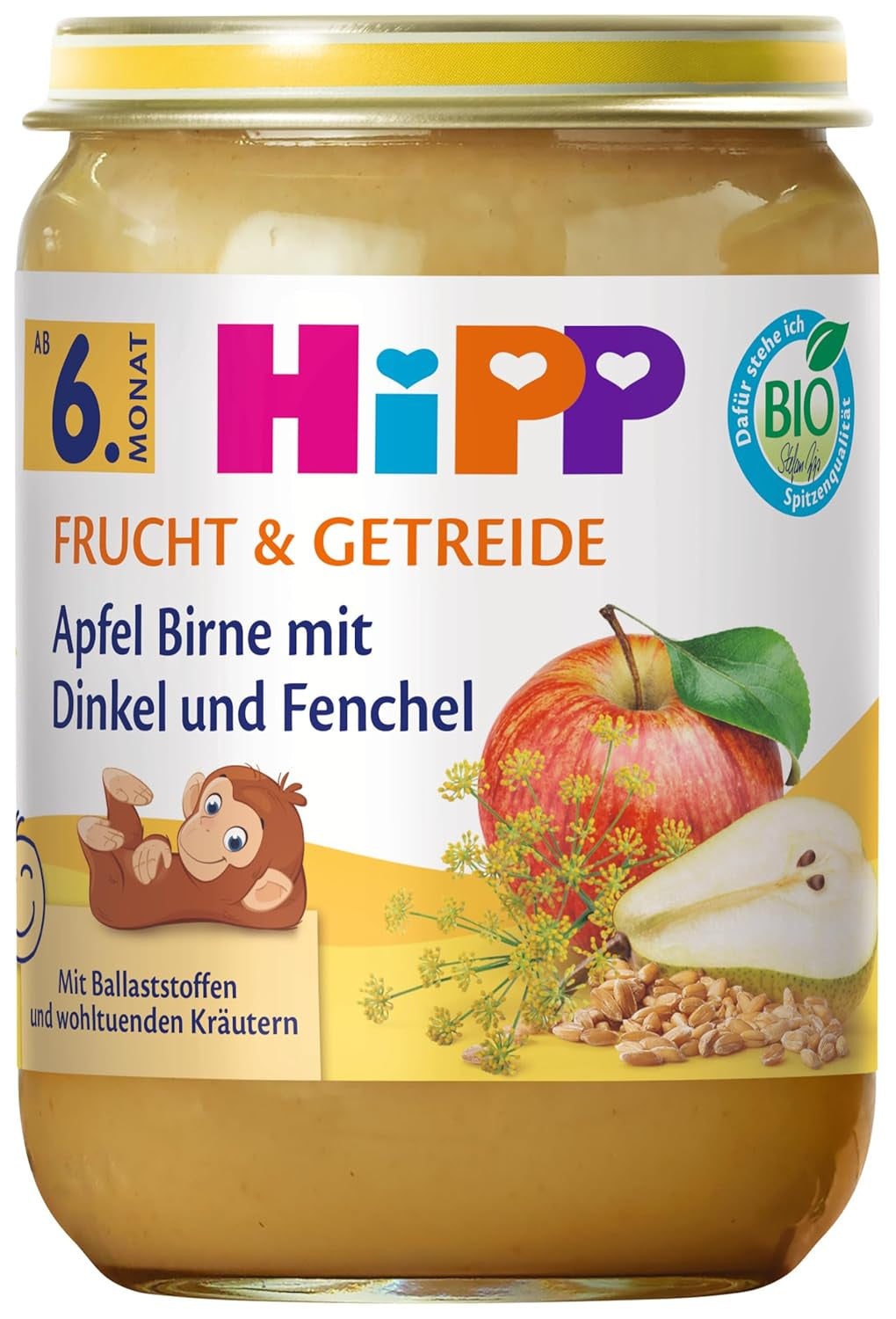 HiPP Bio Apple Birne mit Dinkel und Fenchel (6 x 190g), ab 6. Monat, mit Bio-Vollkorngetreide och wohltuenden Kräutern, nur natürliche Süße aus Früchten, in best Bio-Qualität