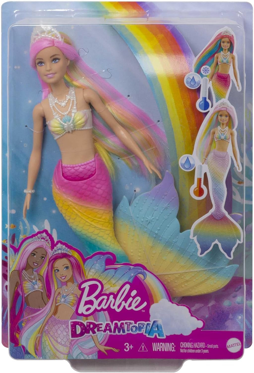 Barbie Dreamtopia Rainbow Magic Mermaid, sjöjungfru Barbie med regnbåghår, färgskiftande docka, vattenaktiverad, leksak för åldrarna 3 och uppåt, present till flickor, GTF89
