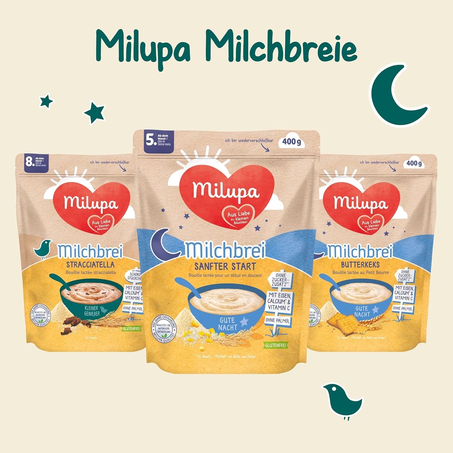 Mjölkgröt Milupa Gentle Start - Spannmål för bebisar utan gluten, utan palmolja - Utan konserveringsmedel och färgämnen - Från 5 månader - 4 x 400 g