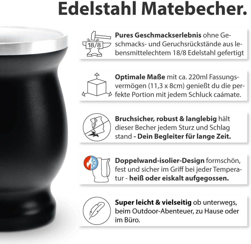 Mate Bio Tea Set ● 3 olika Mate + 2 dubbelväggiga Mate-koppar i rostfritt stål + 2 bombillor + förberedningsinstruktioner (svarta)