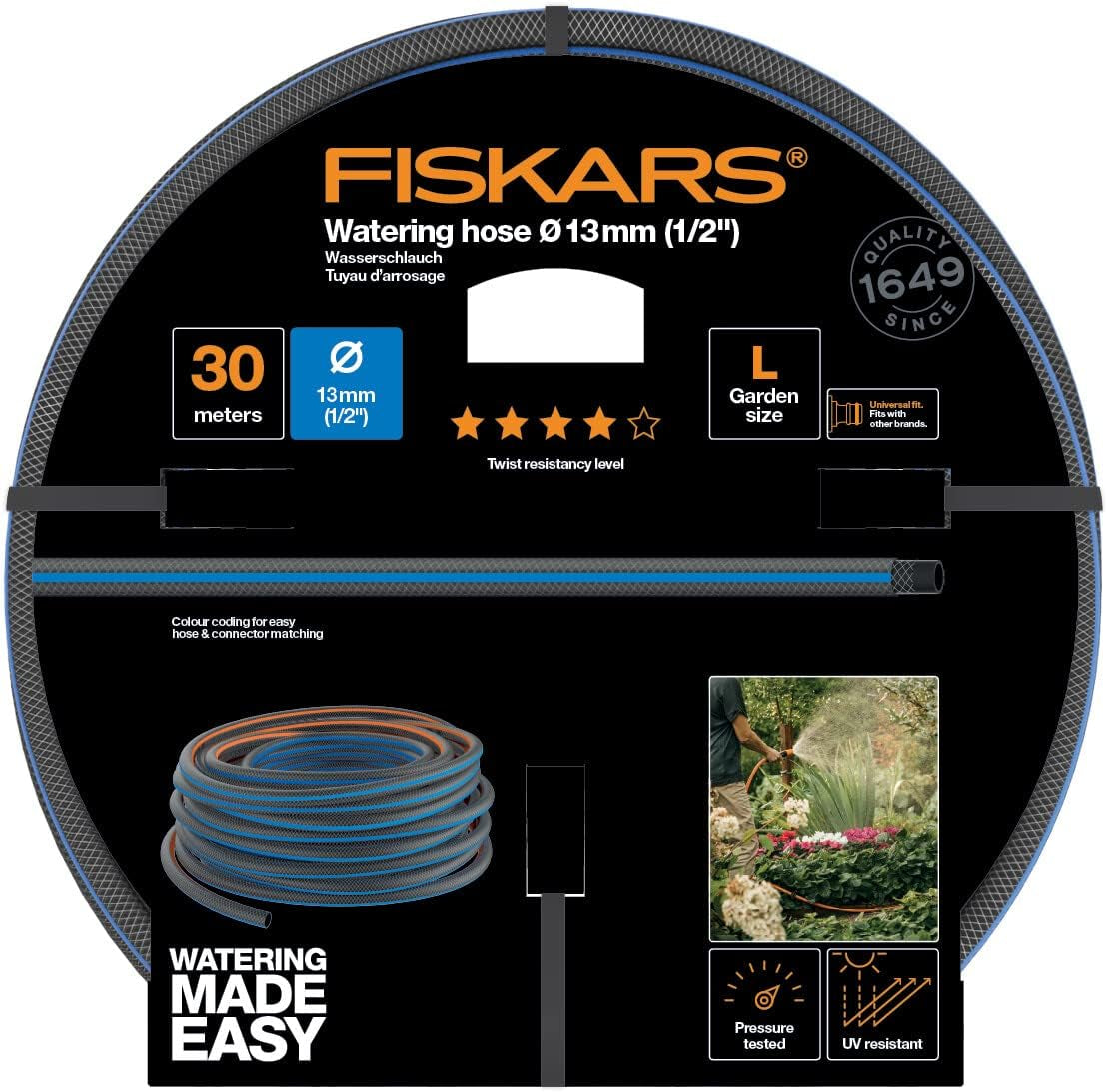 Fiskars L vattenslang, UV-skydd, trycktestad, vridstyvhetsnivå 4 (av 5), 30 m, Ø 1,3 cm (1/2"), 4,2 kg, svart/orange/blå, 1027105