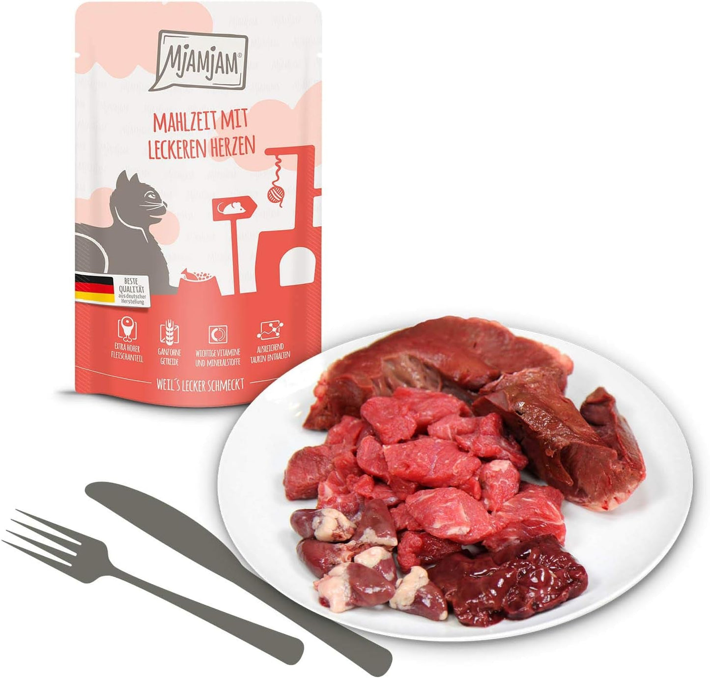 MjAMjAM - Premium Wet Cat Food - Mixed Pack I - Kyckling, nötkött, Hearts 12-pack (12 x 125 g), spannmålsfri med extra kött