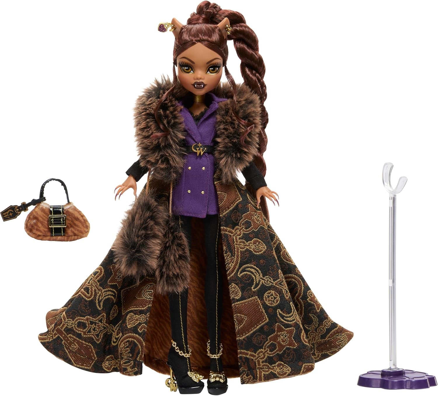 Monster High Doll House of Wolves Clawdeen Wolf Samlarfigur med fuskpäls jacquardrock Lila jacka Klänning Guld Byxor och tillbehör JDR66