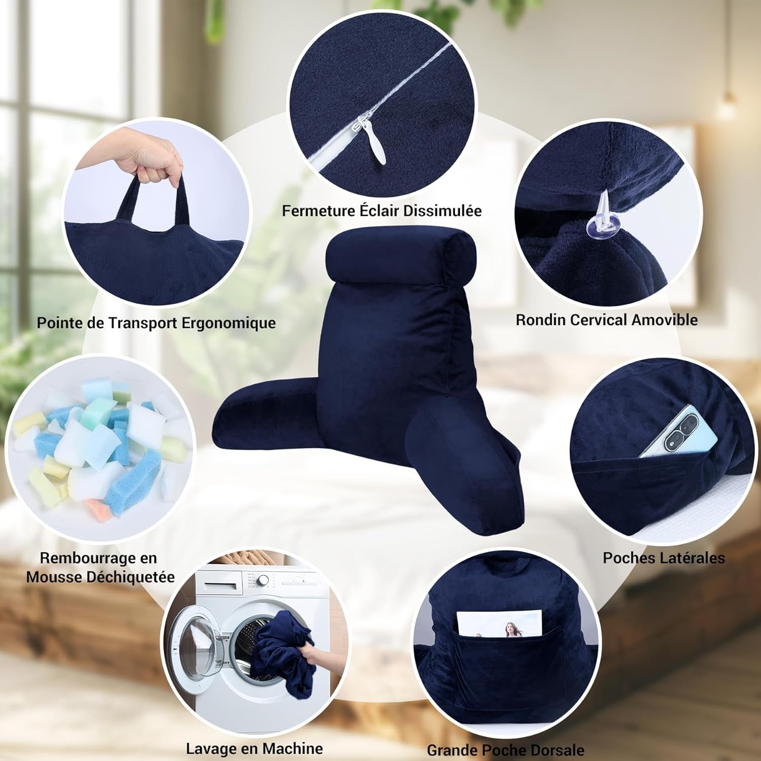 INFANZIA läskudde med armstöd, memory foam, ergonomiskt stöd för soffa och säng, marinblå