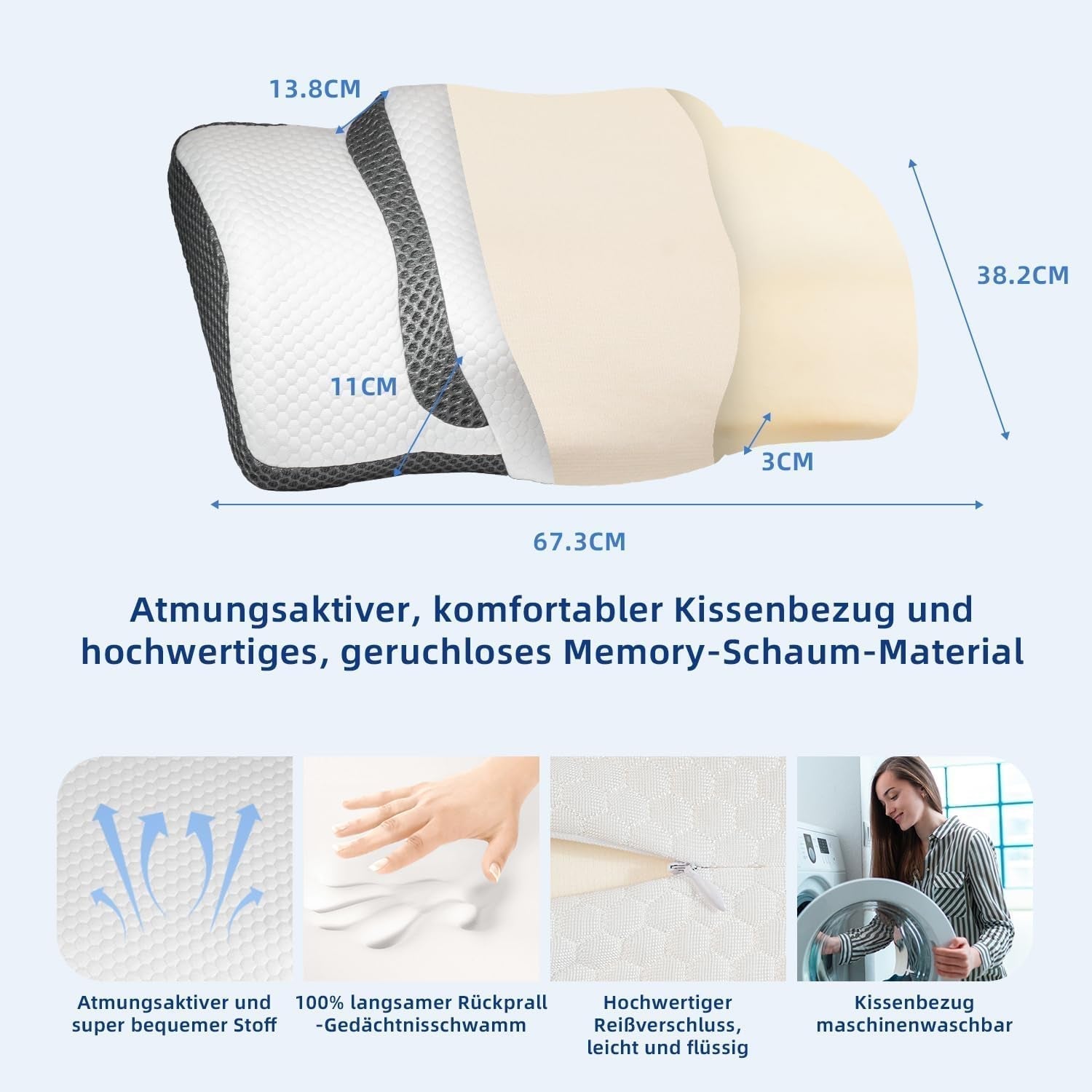 Ortopedisk kudde, ergonomisk nackkudde, huvudkudde, original kudde med memoryskum för sidor, rygg- och magstöd, nackstödskudde för män, kvinnor (67,3 X 38,2 X 13,8/3 cm) Cervikala ortopediska kuddar Naty Shop