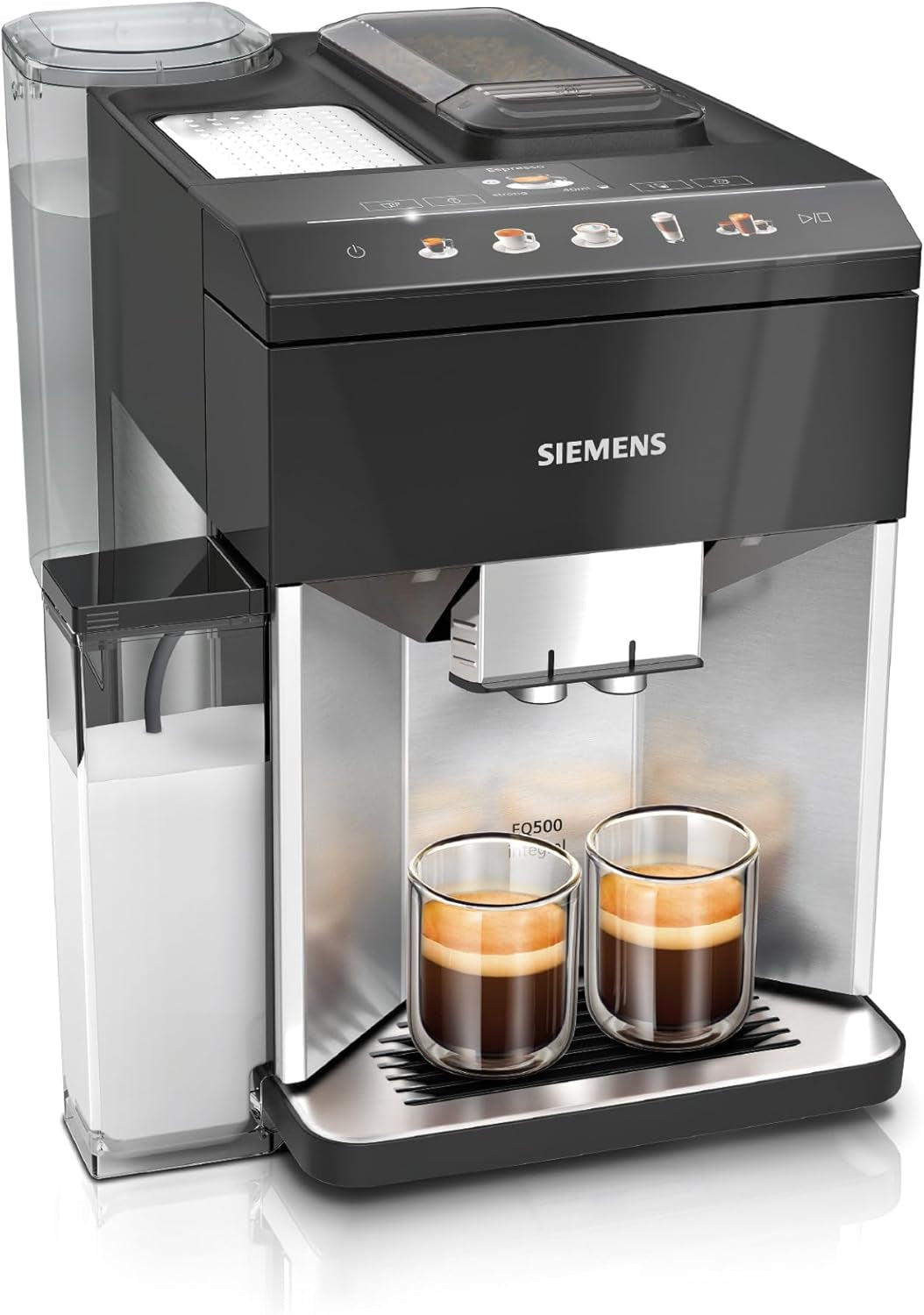Siemens EQ500 helautomatisk espressomaskin TQ513D01, många kaffespecialiteter, mjölkskummare, integrerad mjölkbehållare, automatisk ångrengöring, 1500 W, naturligt ljus silver/piano svart