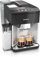 Siemens EQ500 helautomatisk espressomaskin TQ513D01, många kaffespecialiteter, mjölkskummare, integrerad mjölkbehållare, automatisk ångrengöring, 1500 W, naturligt ljus silver/piano svart