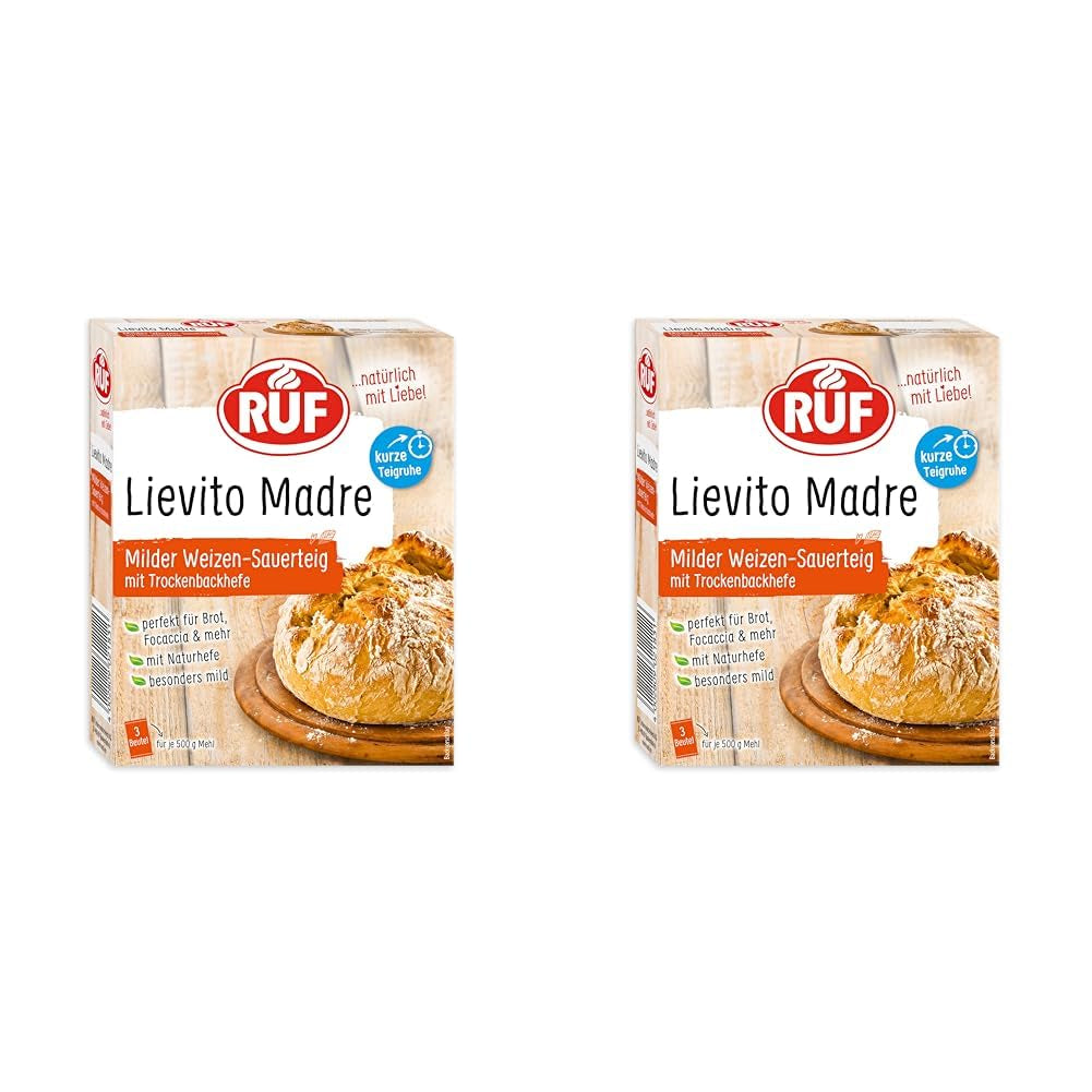 RUF Lievito Madre Sauerteig, Milder Weizen-Sauerteig, Mutterteig, Kurze Teigruhe Durch Enthaltene Trockenhefe, Lievito Madre Getrocknet Für Brot, Baguette, Focaccia, 3X35G Blandning för bakning och matlagning Naty Shop 35 G (6Er Pack) Kurze Teigruhe