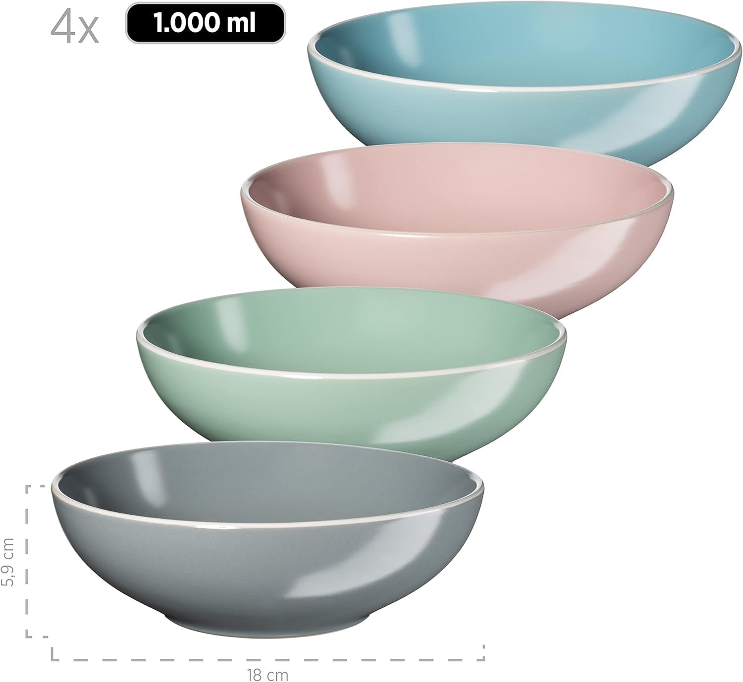 MÄSER 934006 Elissa-serien, modernt servisset för 4 i färgade matta glasyrer med vit kant, 16-delat kombinationsset, stengods, flerfärgat, grått, turkos, rosa, grönt