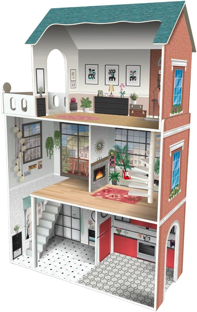 Soho-Madera design 3-vånings dockhus med 8 möbler, mått 120 x 33 x 75 cm (913D00181)