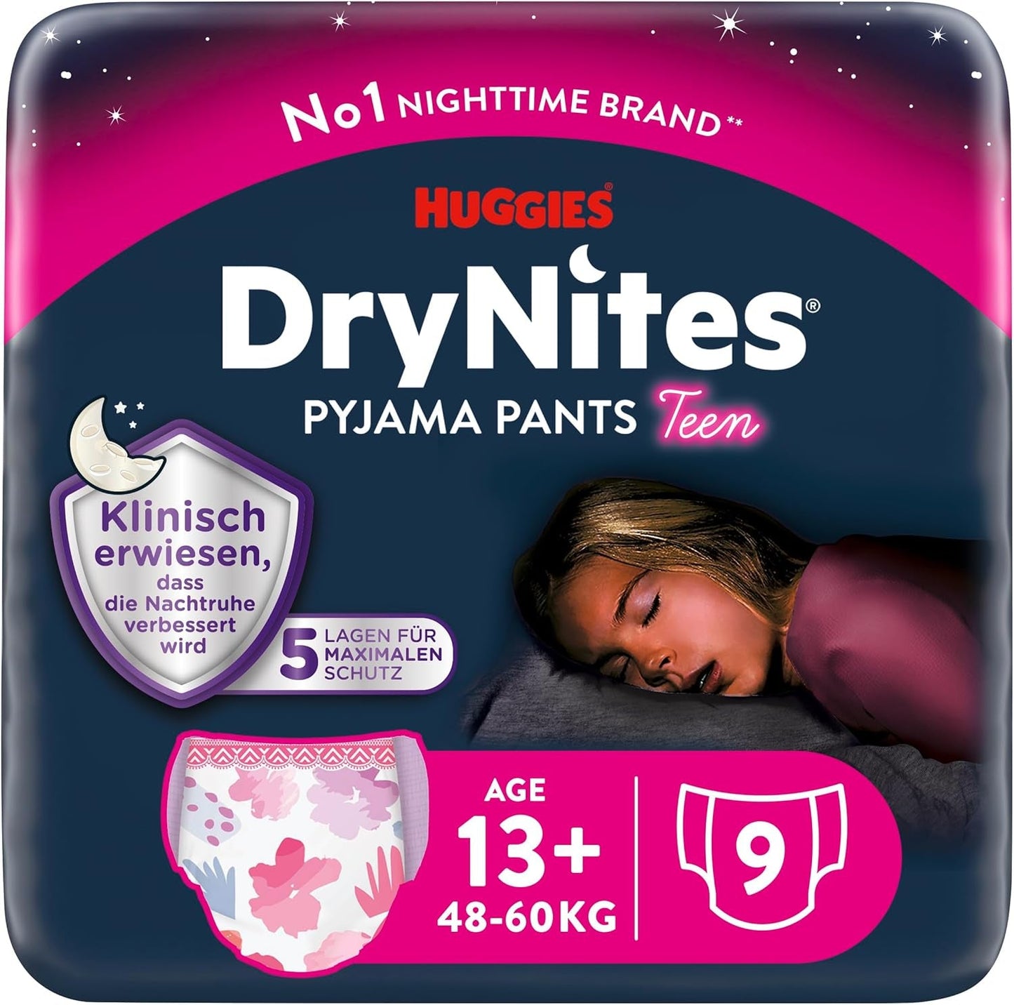 Huggies DryNites nattblöjor för sängvätning för flickor 13-17 år (48-60 kg) 27 Count (3x9) månadspaket trosblöjor