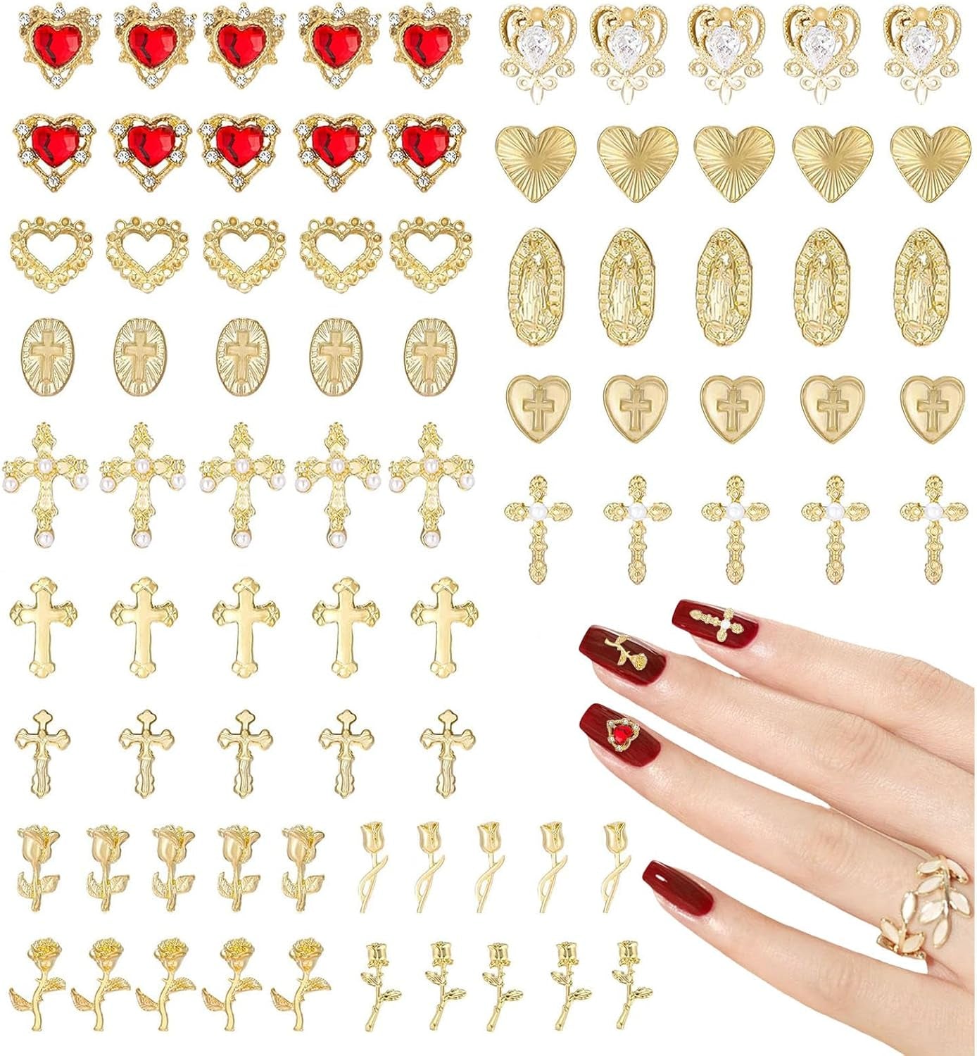 Guld Nail Charms 80st Cross Rose Heart Virgin Mary Nail Gems Metalllegering Nageltillbehör för manikyr Designdekorationer DIY-hantverk