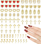 Guld Nail Charms 80st Cross Rose Heart Virgin Mary Nail Gems Metalllegering Nageltillbehör för manikyr Designdekorationer DIY-hantverk